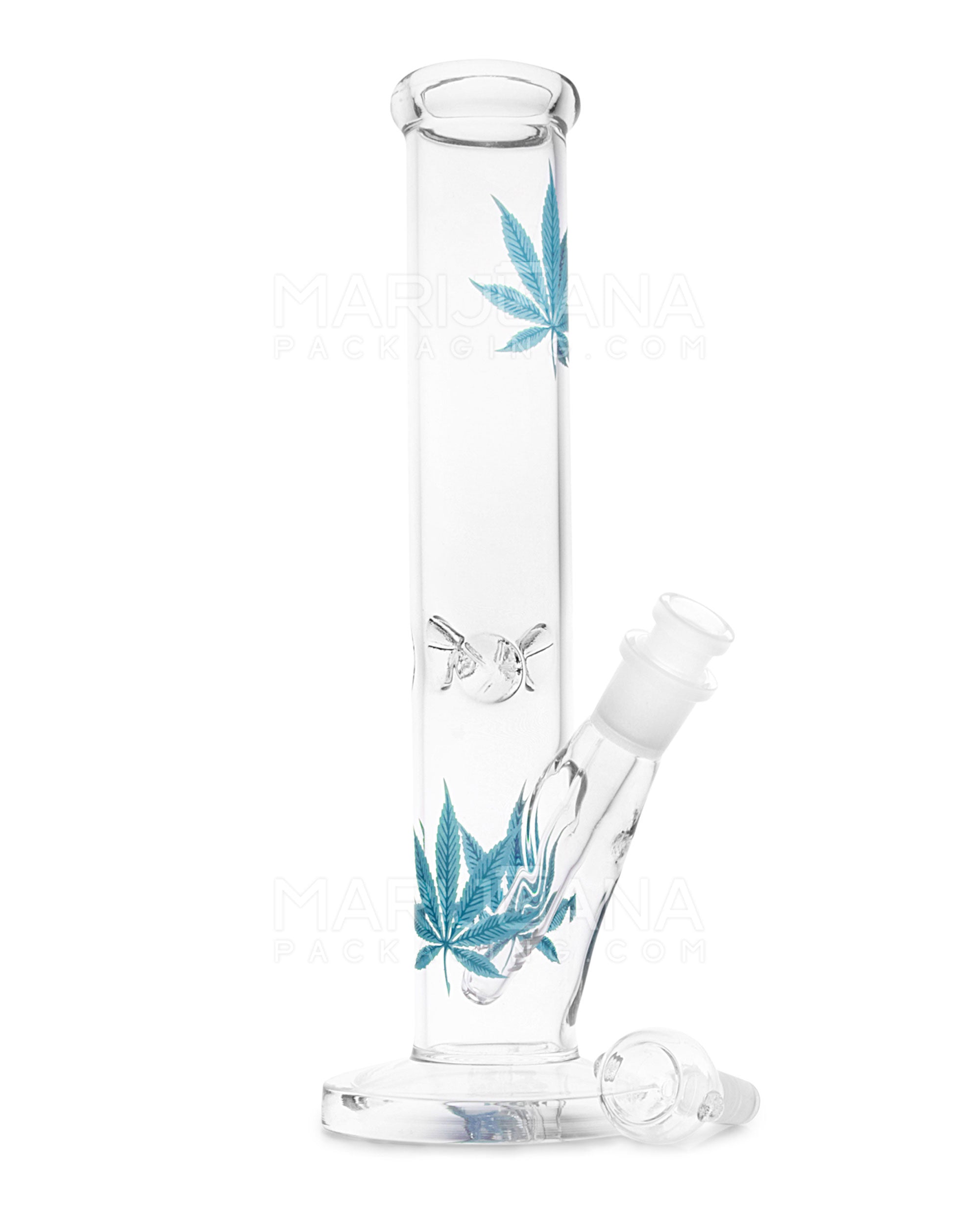 Straight Neck Leaf Decal Glass Straight Shooter Water Pipe w/ Ice Catcher | 10in Tall - 14mm Bowl - Blue