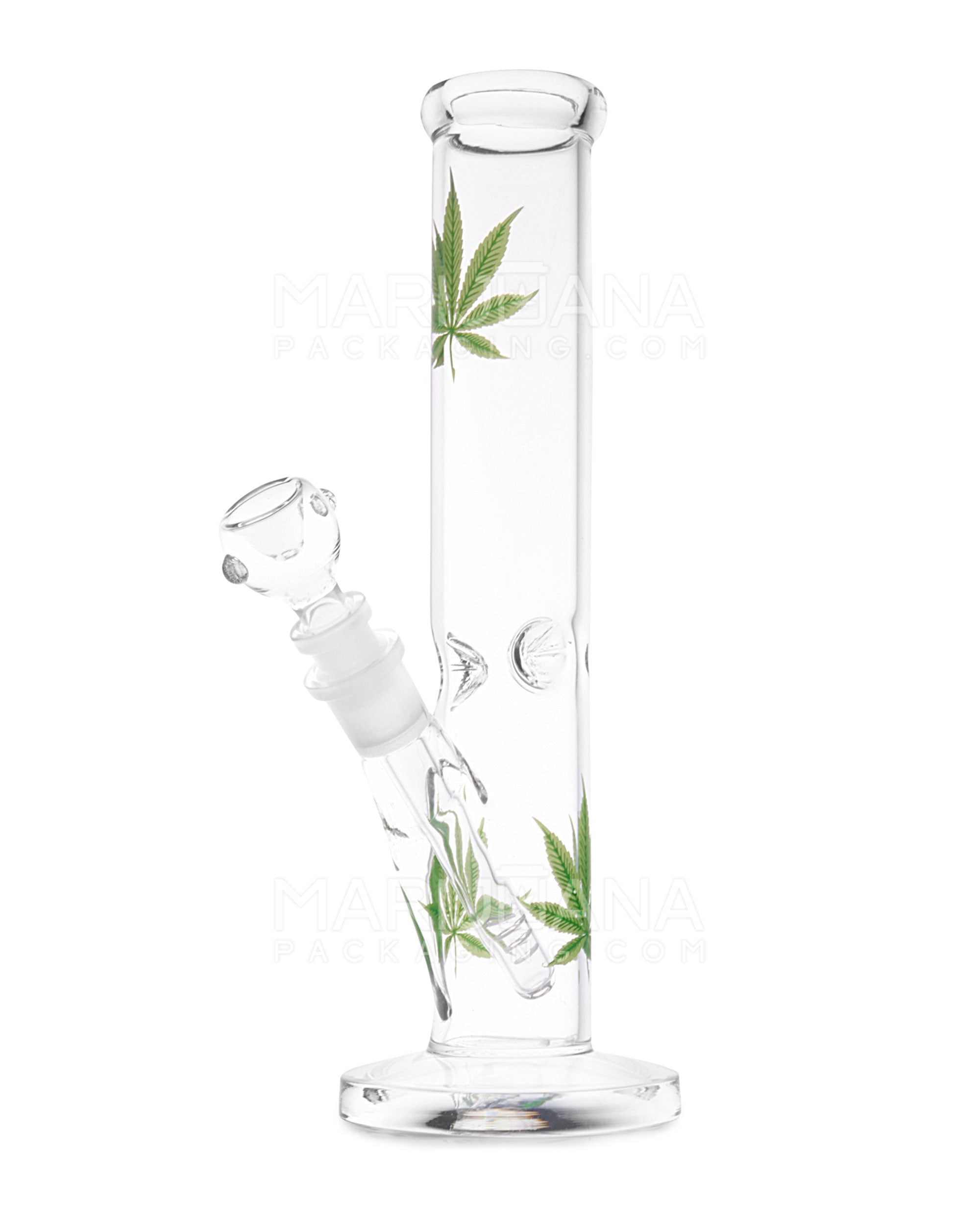 Straight Neck Leaf Decal Glass Straight Shooter Water Pipe w/ Ice Catcher | 10in Tall - 14mm Bowl - Green