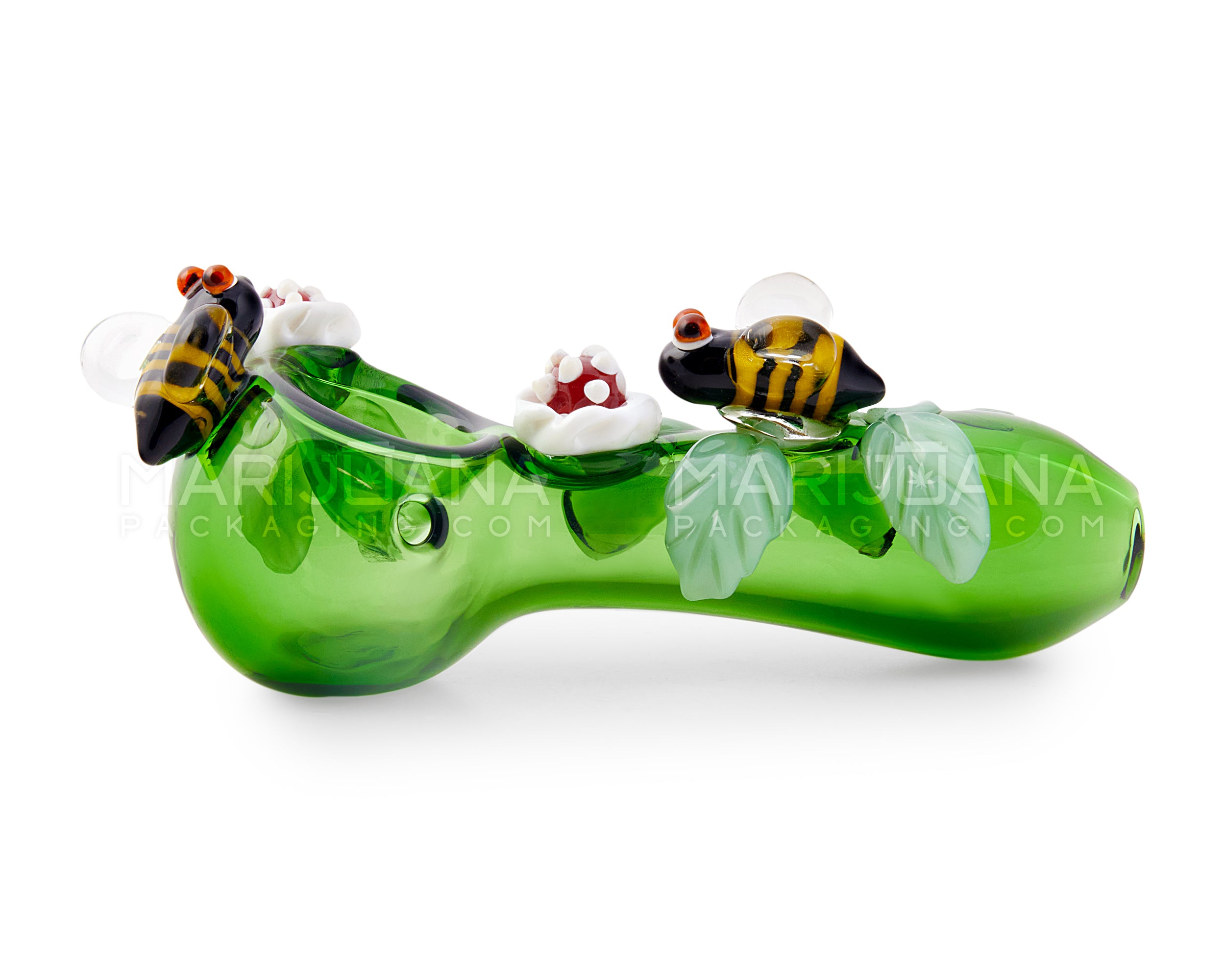 Leaf And Bee Spoon Hand Pipe | 5in Long - Glass - Green
