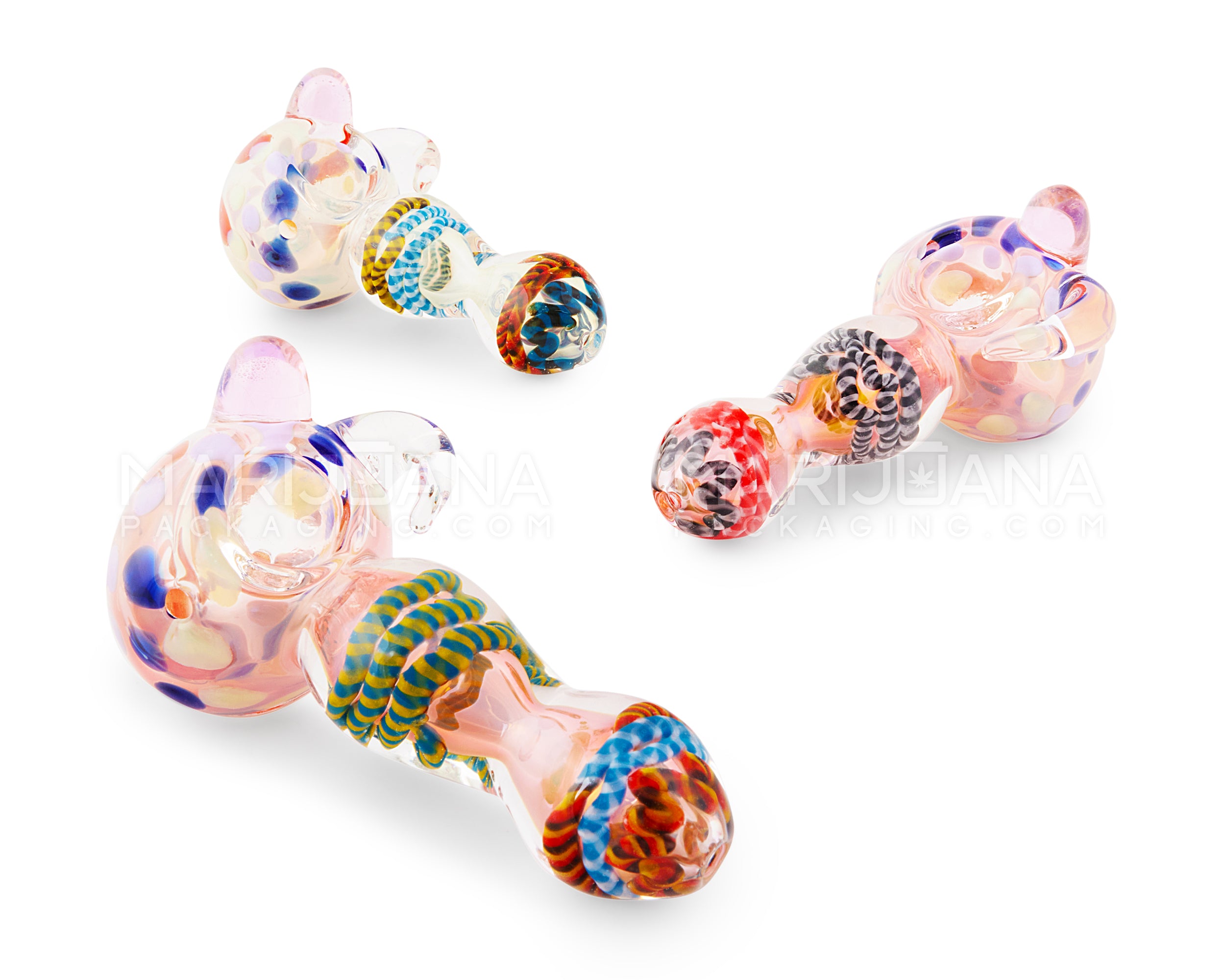 Ribboned & Fumed Spotted Hand Pipe w/ Single Knocker | 4.75in Long - Glass - Assorted - 11