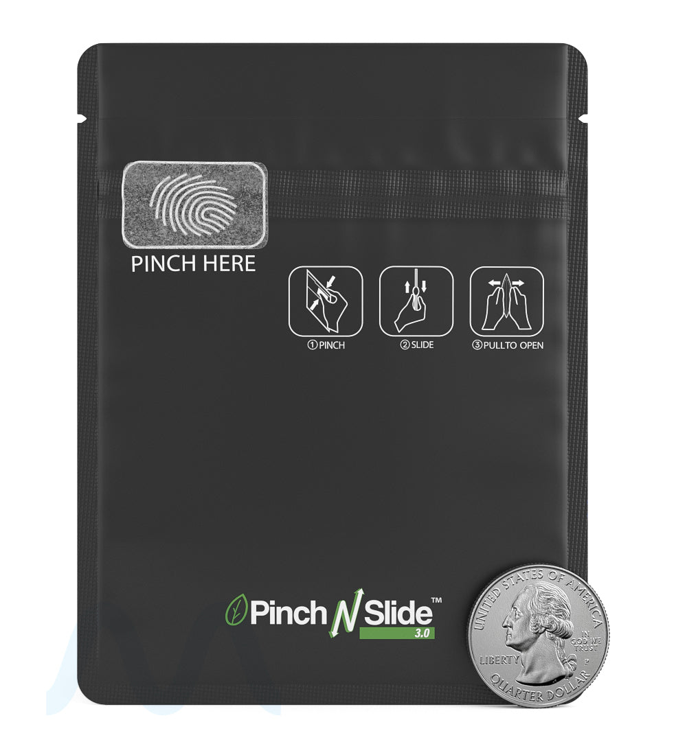 Child Resistant & Tamper Evident | Pinch N Slide 3.0 Matte Black PCR Mylar Bags | 3.4in x 4.4in - 1g - 250 Count