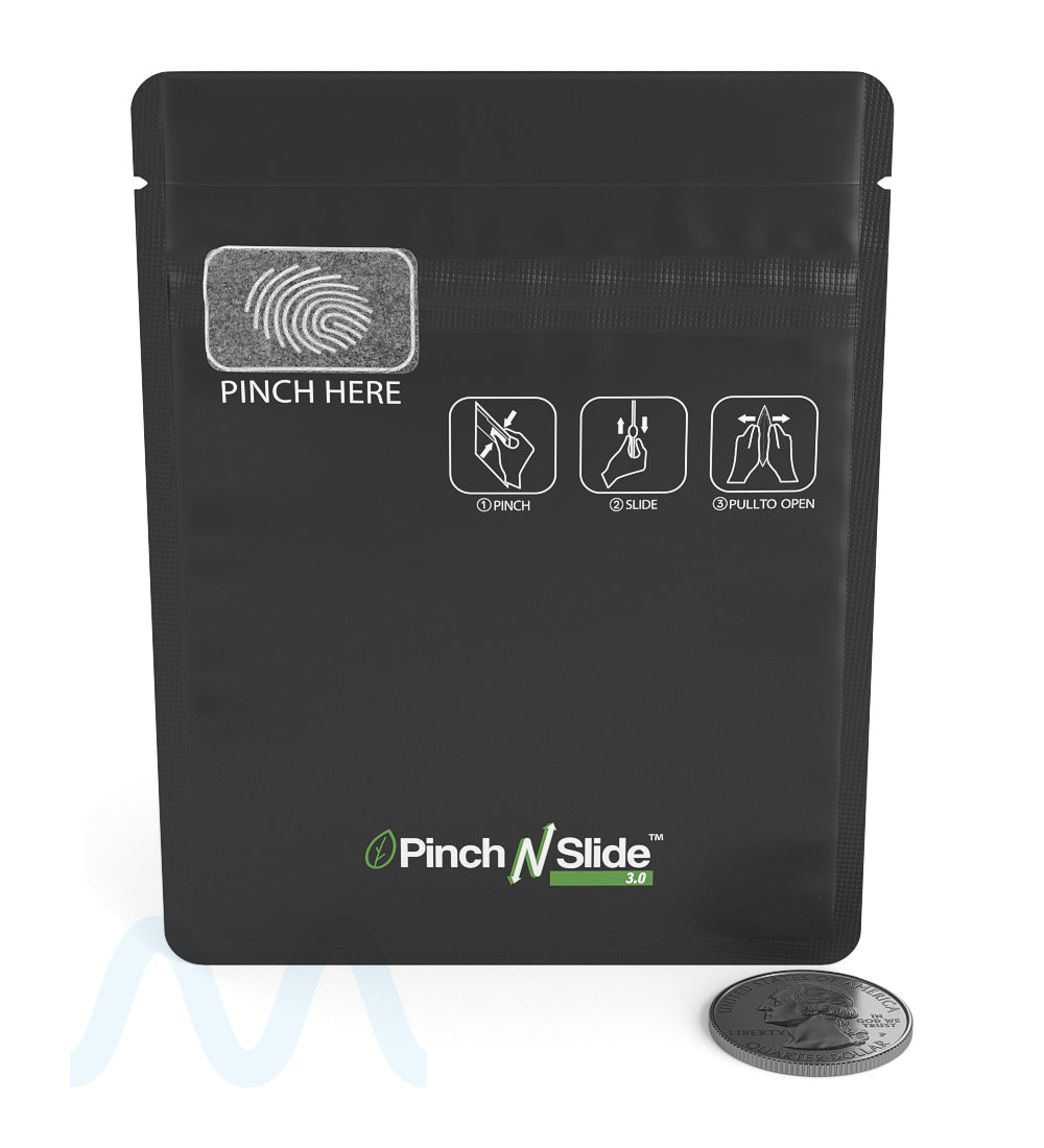 Child Resistant & Tamper Evident | Pinch N Slide 3.0 Matte Black PCR Mylar Bags | 3.4in x 4.4in - 1g - 250 Count