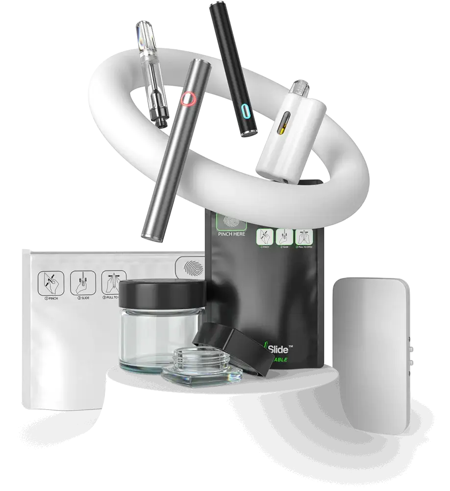 Cannabis packaging and accessories including cartridges, vape pens, mylar bags, and glass concentrate jars