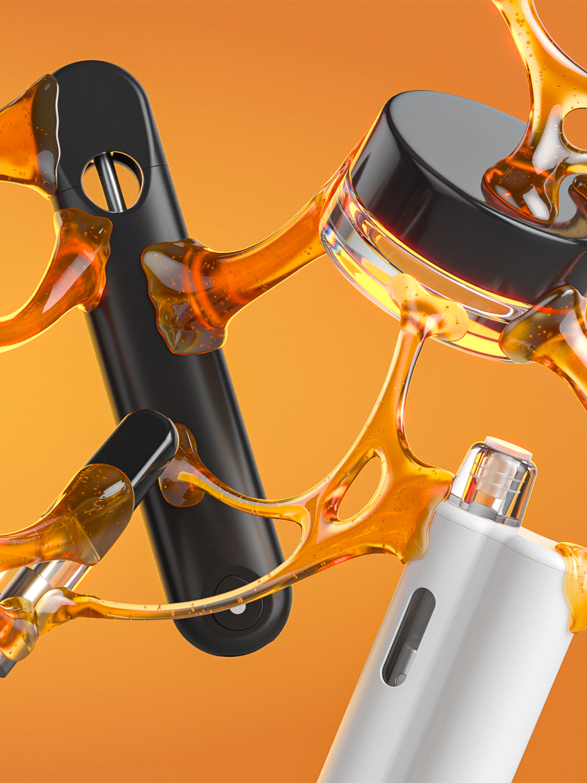 Child-resistant glass concentrate jars and vape hardware connected by oil on orange background zoomed in