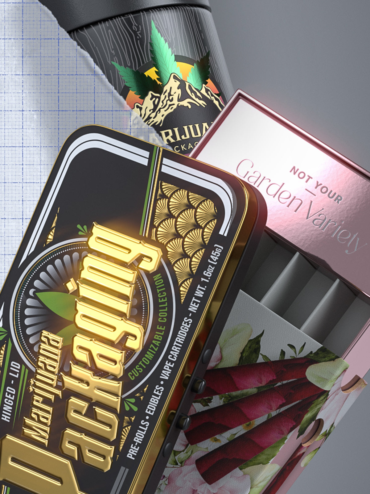 Various types of custom branded cannabis packaging with paper sketches mobile