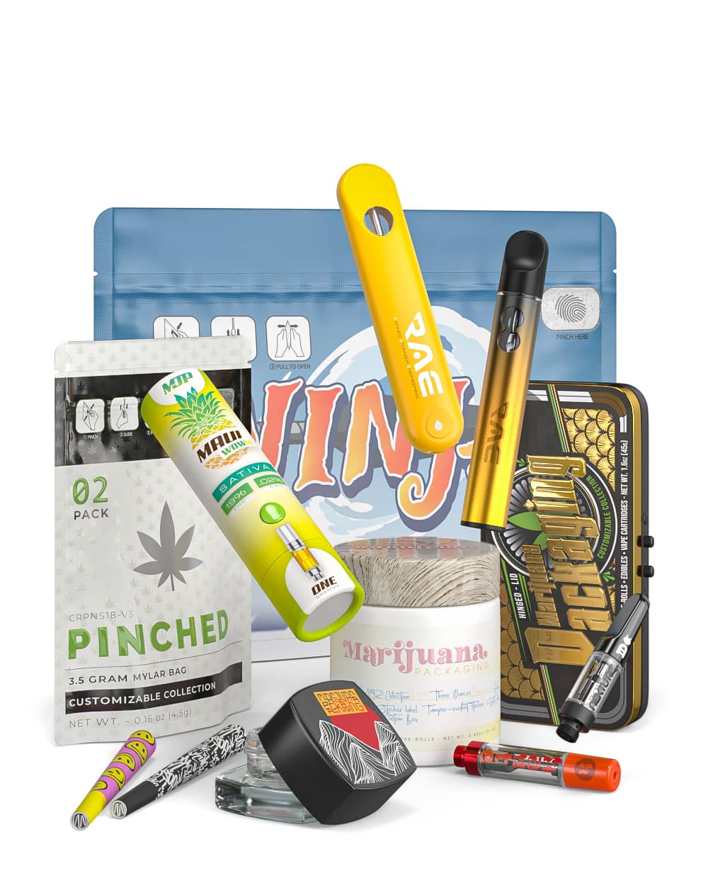 Variety of custom branded cannabis packaging products with mylar bags, glass concentrate jars, embossed tin containers, and branded vape products
