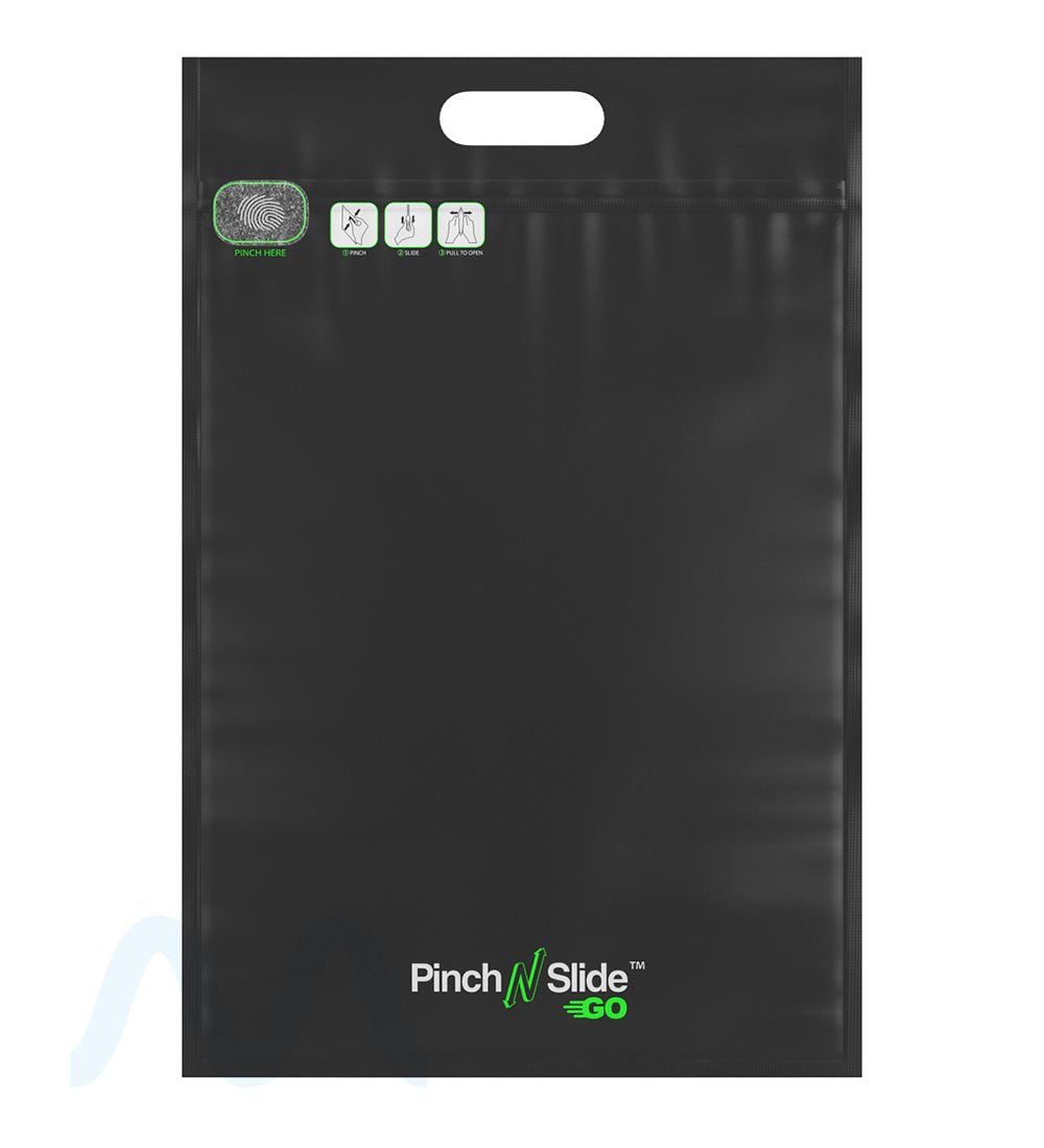 Child Resistant Pinch N Slide Go Matte Black Mylar Exit Bags w/ Handles | 12in x 18in - 113g | Sample