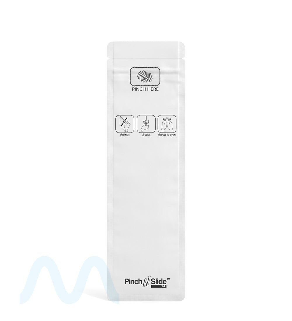 Child Resistant & Tamper Evident | Pinch N Slide 3.0 Matte White Vista PCR Mylar Bags | 2.4in x 7.9in - 2.5g | Sample