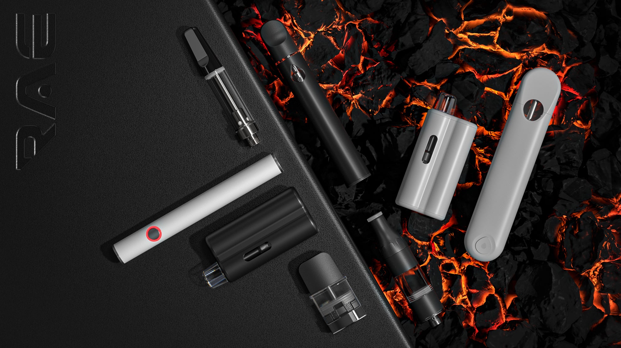 Variety of unbranded RAE brand vape hardware on black surface and hot coal