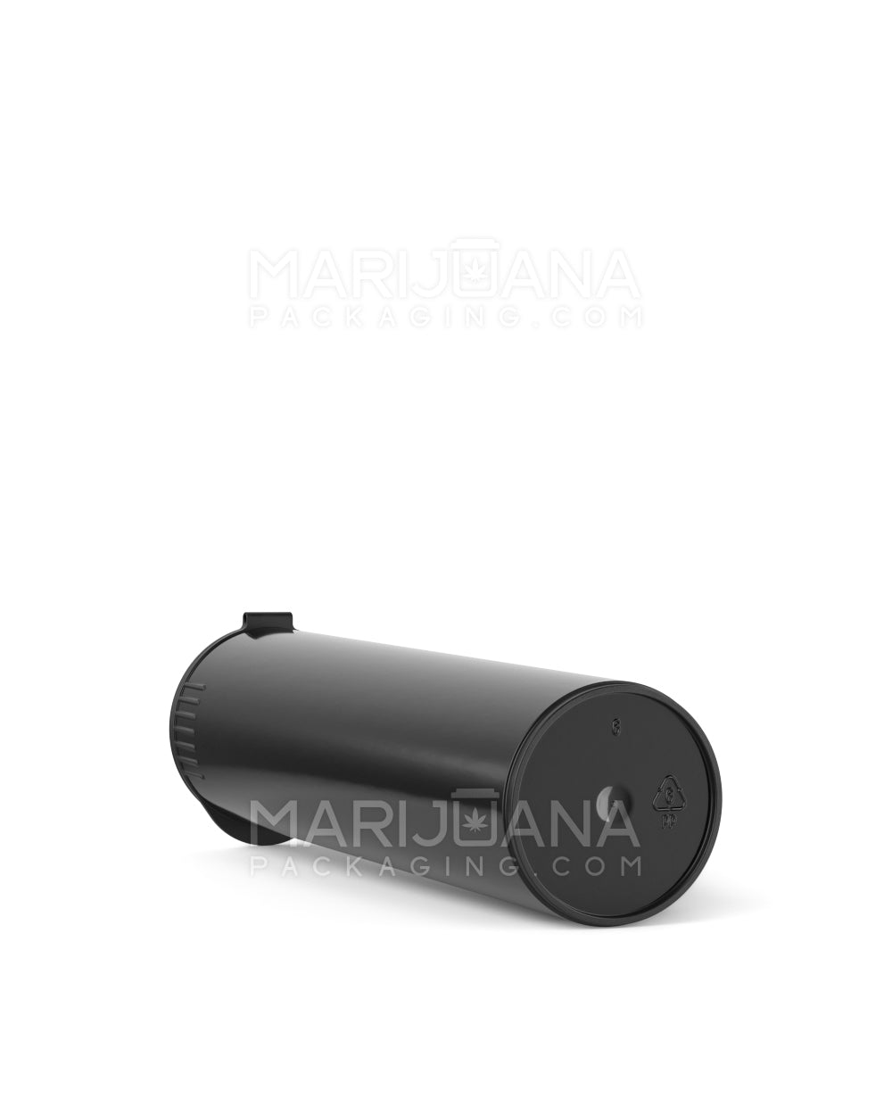 Closed black squeezetop plastic tube - side and bottom view.