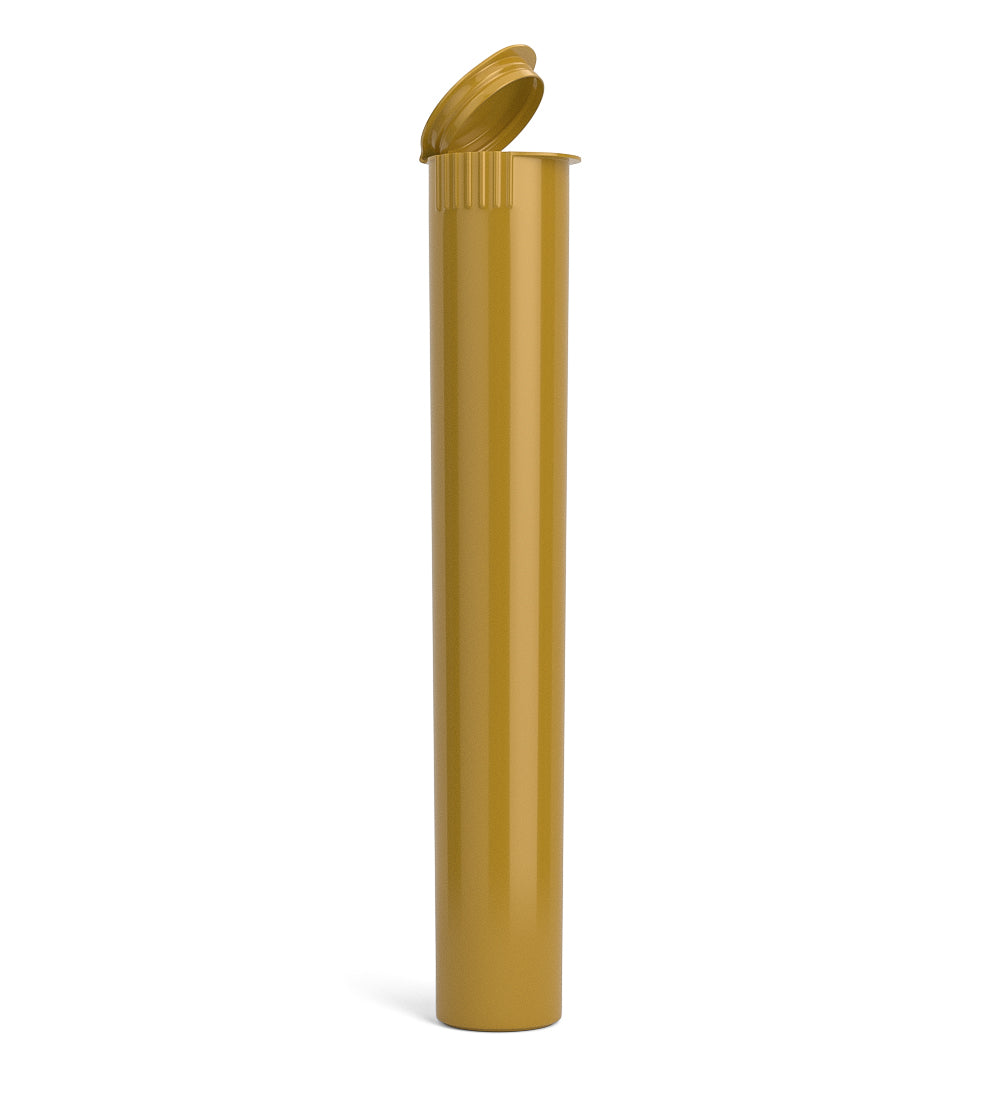 Gold-colored cylindrical plastic tube with squeeze top.
