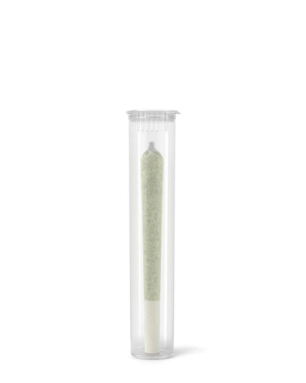 Clear plastic pre-roll tube with squeeze pop top with a pre-roll enclosed.
