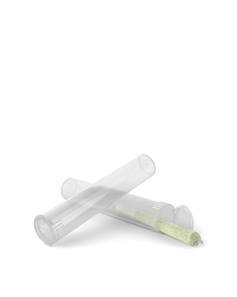 Two clear plastic pre-roll tube with squeeze pop top with pre-roll enclosed.