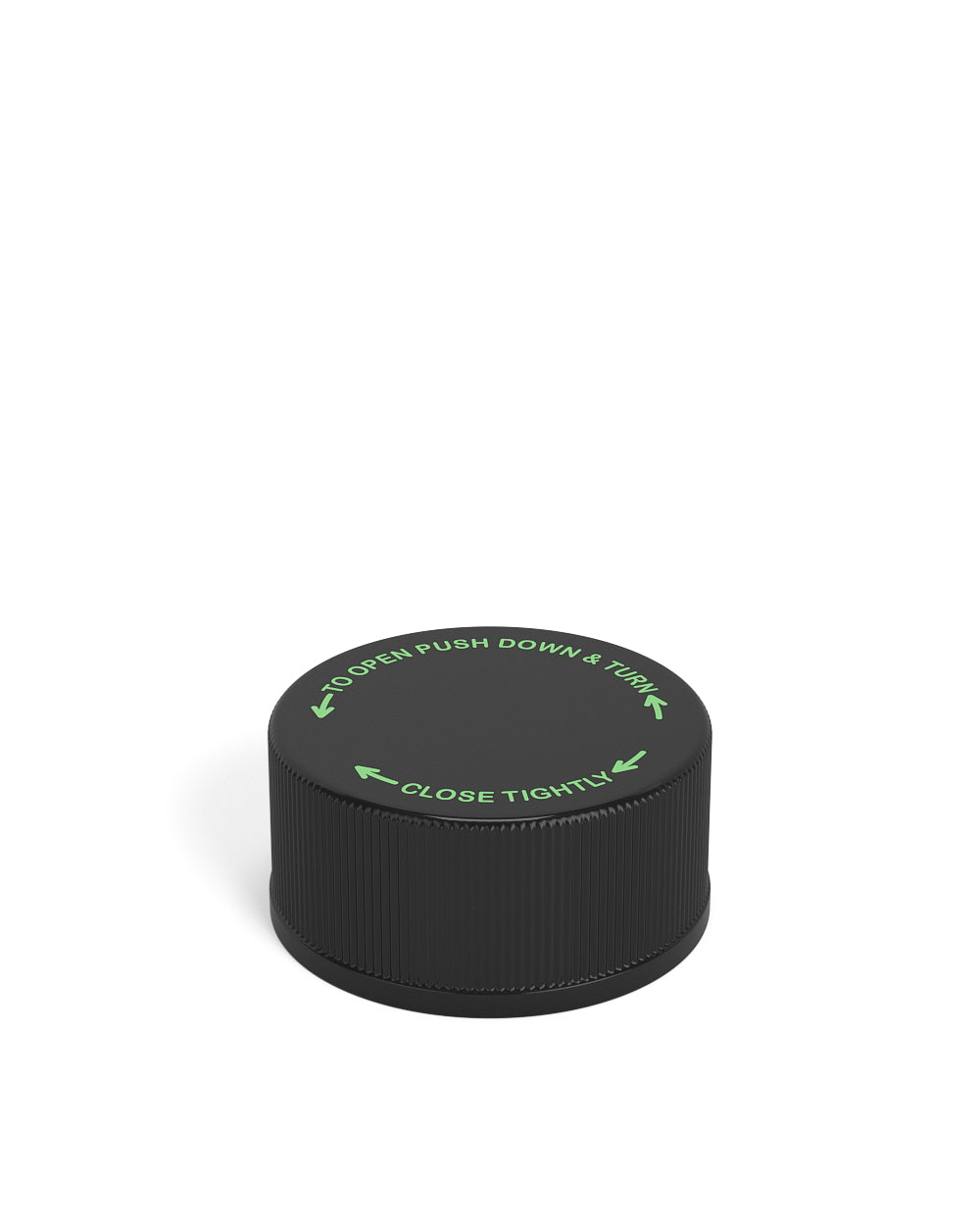 Child Resistant | Ribbed Push Down & Turn Plastic Caps w/ Foam Liner | 28mm - Glossy Black - 504 Count