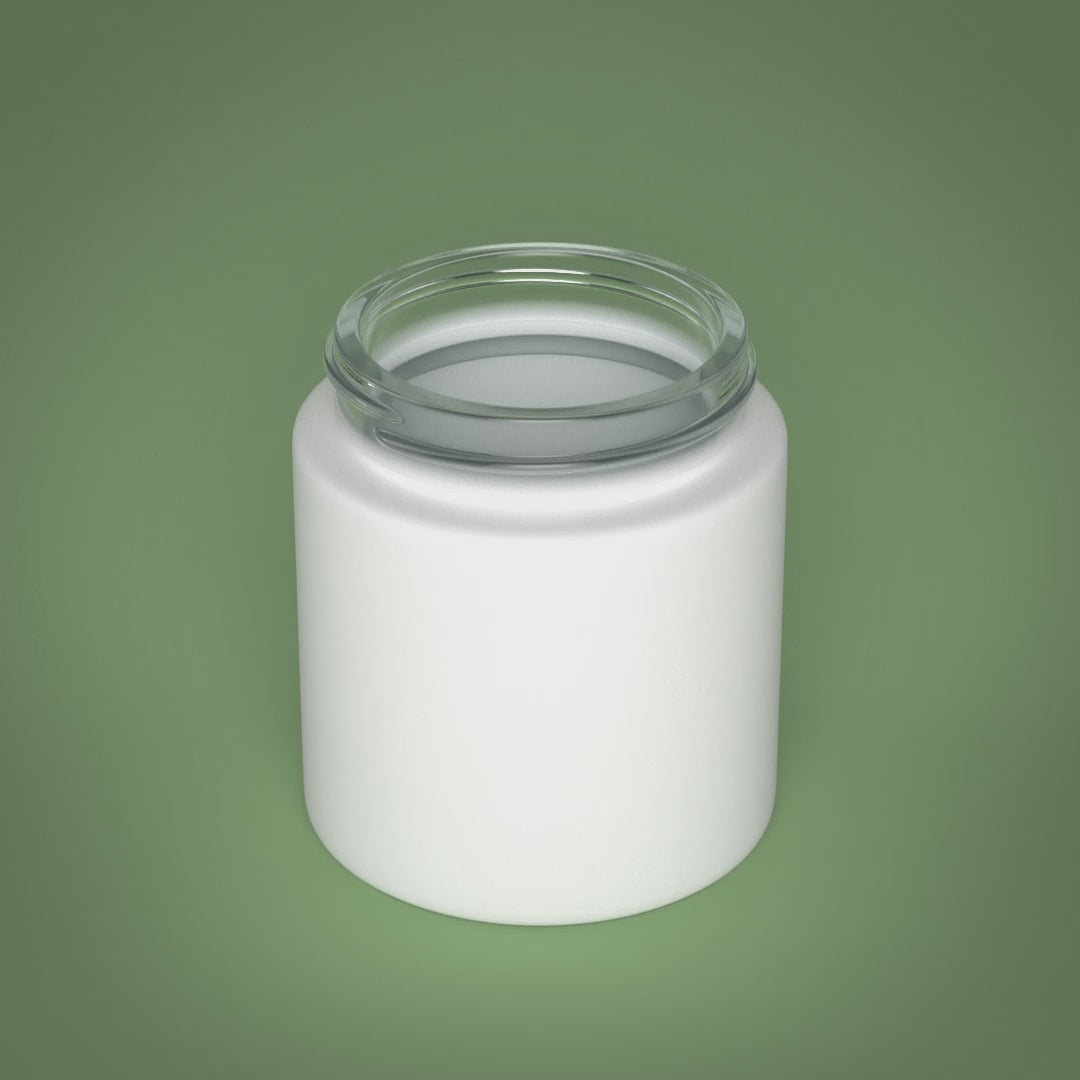 Looped animation of matte white glass child-resistant cannabis jar being capped and labeled with custom branding