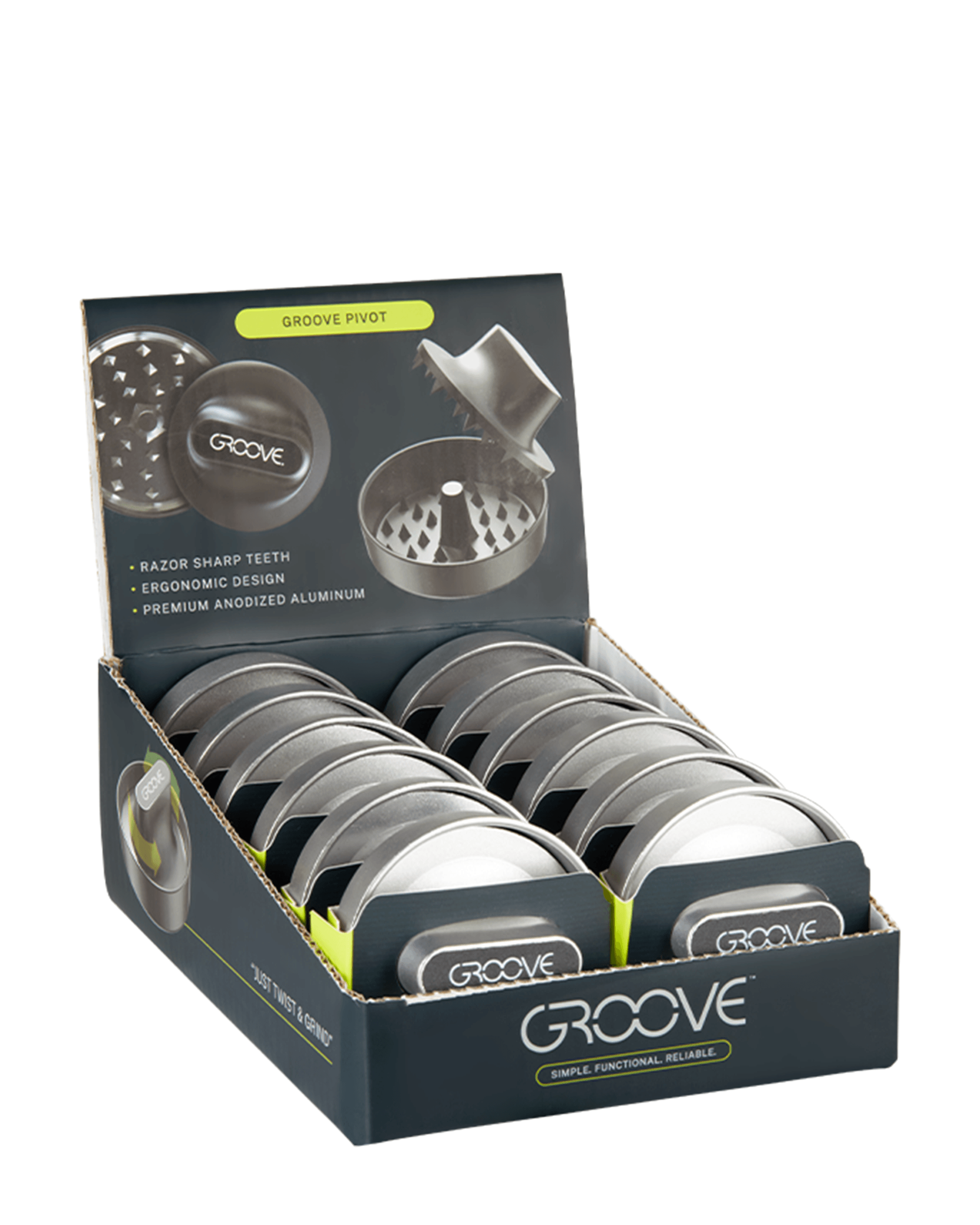 Groove | 'Retail Display' Pivot Aluminum Silver Grinder w/ Knob Grip | 2 Piece - 50mm - 12 Count - 1