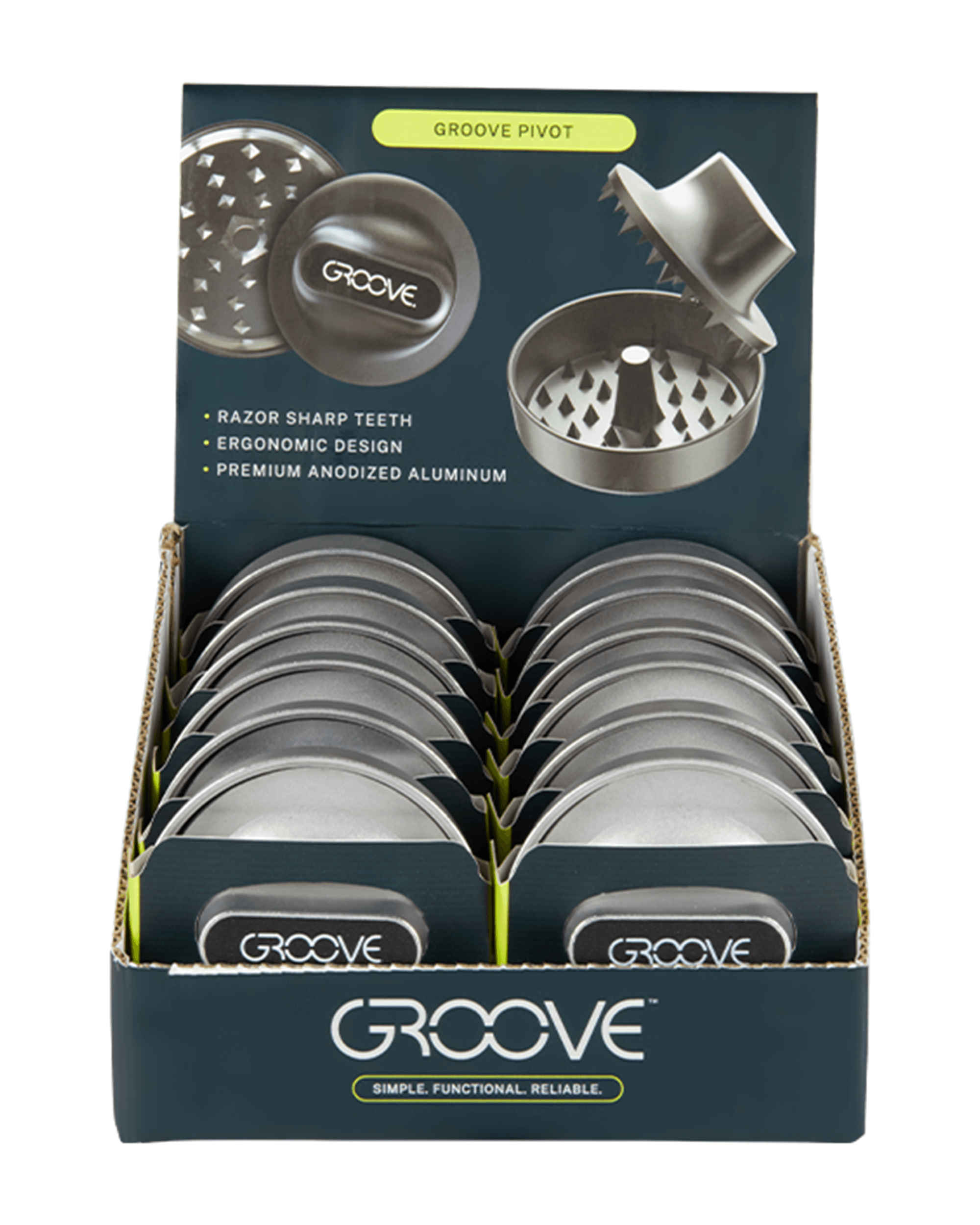 Groove | 'Retail Display' Pivot Aluminum Silver Grinder w/ Knob Grip | 2 Piece - 50mm - 12 Count - 2