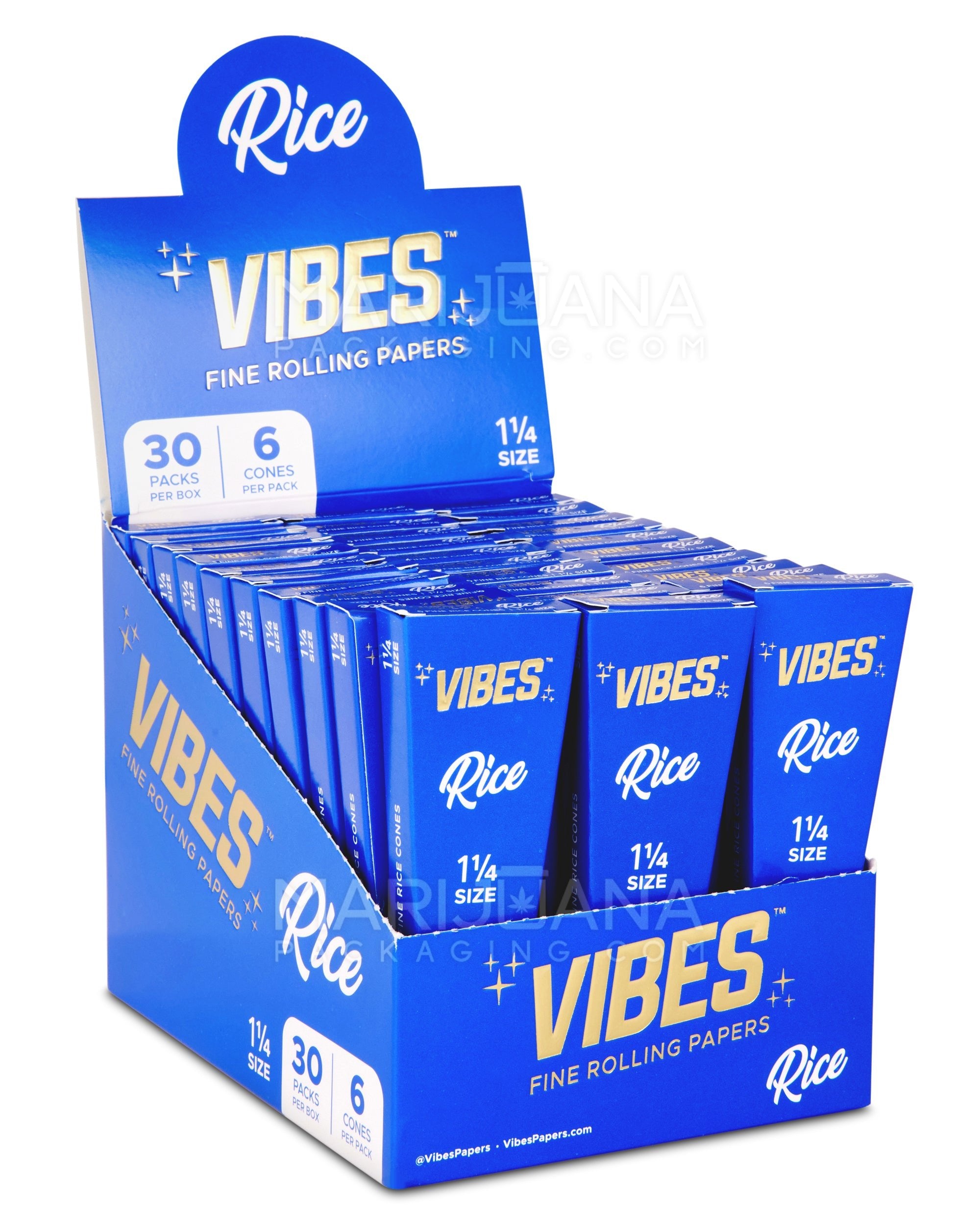 VIBES | 'Retail Display' 1 1/4 Size Rice Pre-Rolled Cones | 84mm - Rice Paper - 30 Count - 1