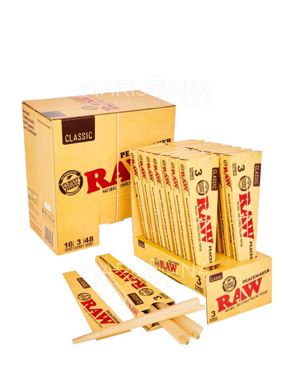 RAW | 'Retail Display' Peacemaker Pre-Rolled Cones | 140mm - Unbleached Paper - 16 Count - 1
