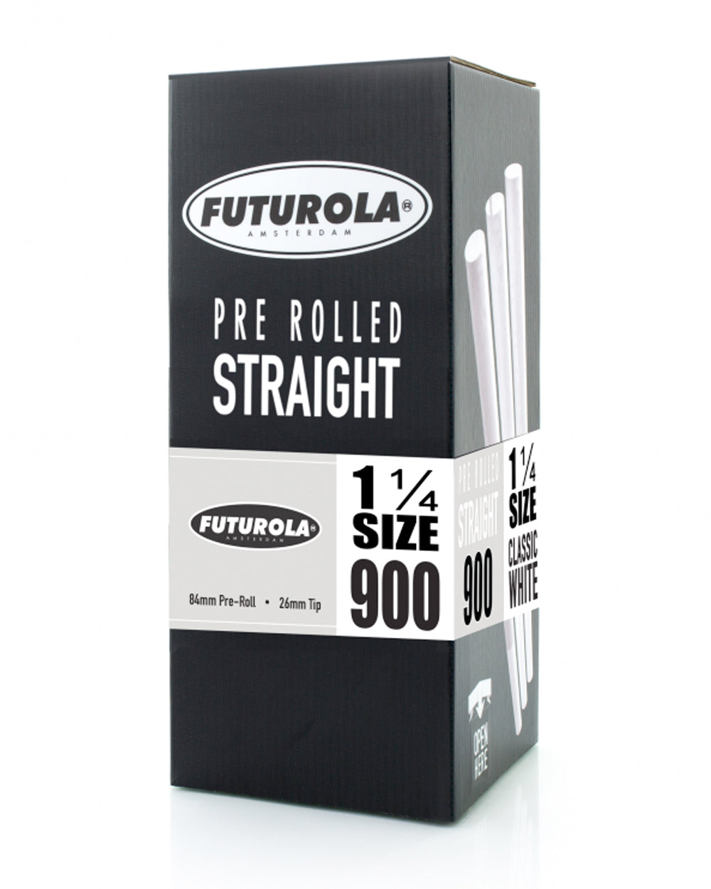 FUTUROLA | Straight 1 1/4 Size Pre-Rolled Cones | 84mm - Classic White Paper - 900 Count - 1