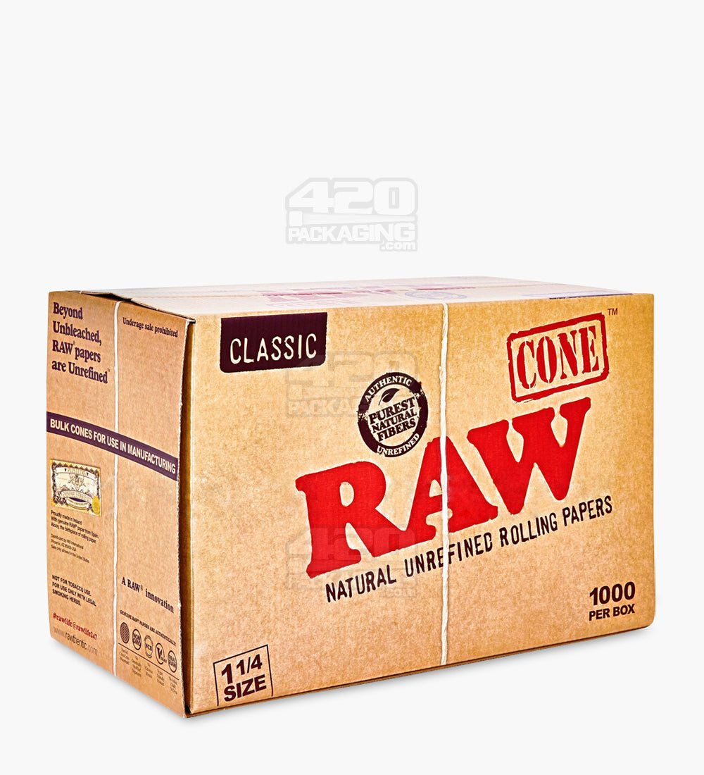 RAW Classic 1 1/4 Size 84mm Pre Rolled Unbleached Paper Cones 1000/Box - 1