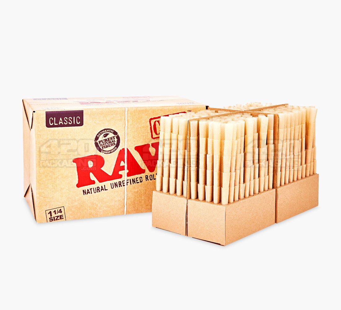 RAW Classic 1 1/4 Size 84mm Pre Rolled Unbleached Paper Cones 1000/Box - 2