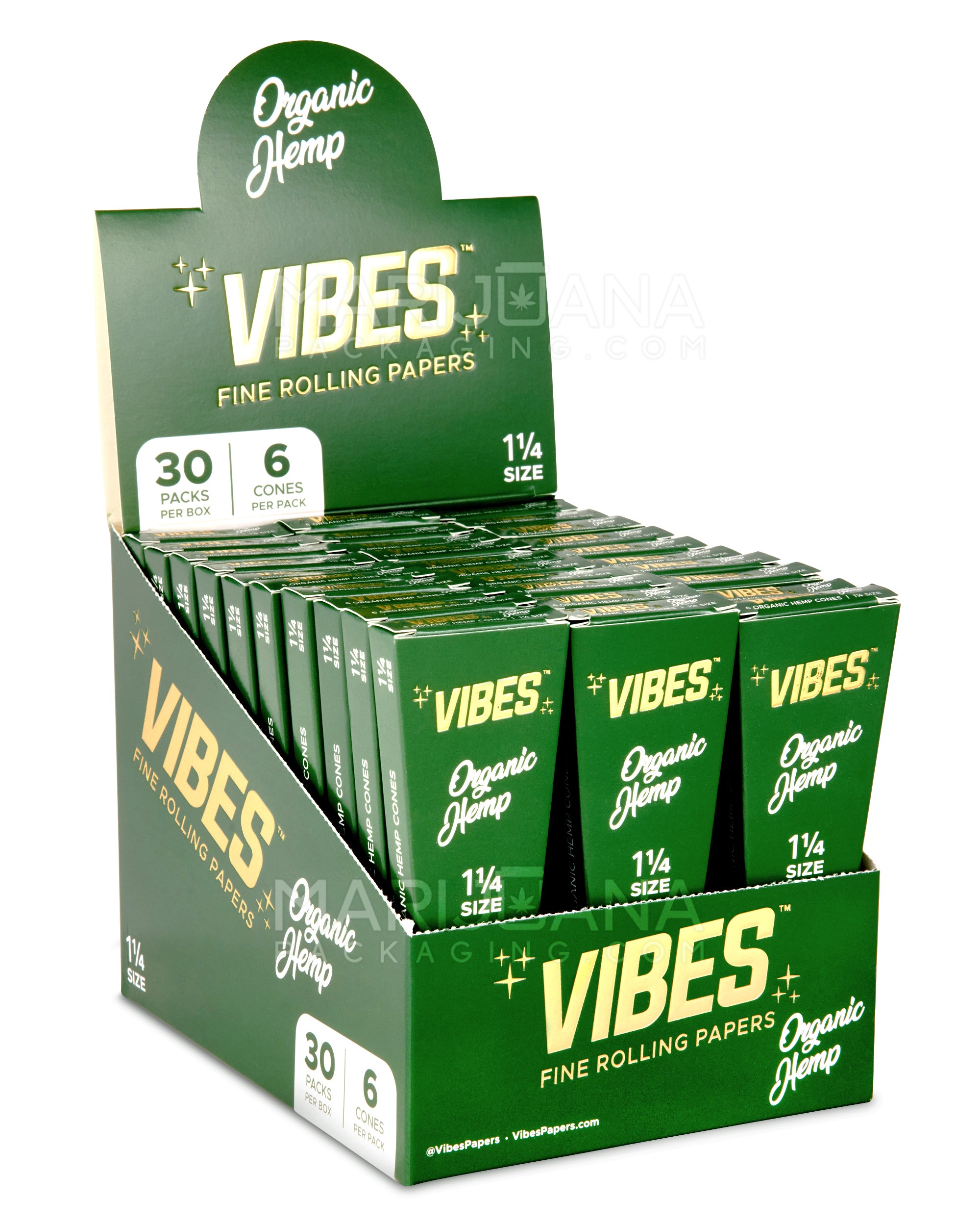 VIBES | 'Retail Display' 1 1/4 Size Organic Hemp Pre-Rolled Cones | 84mm - Hemp Paper - 30 Count - 1