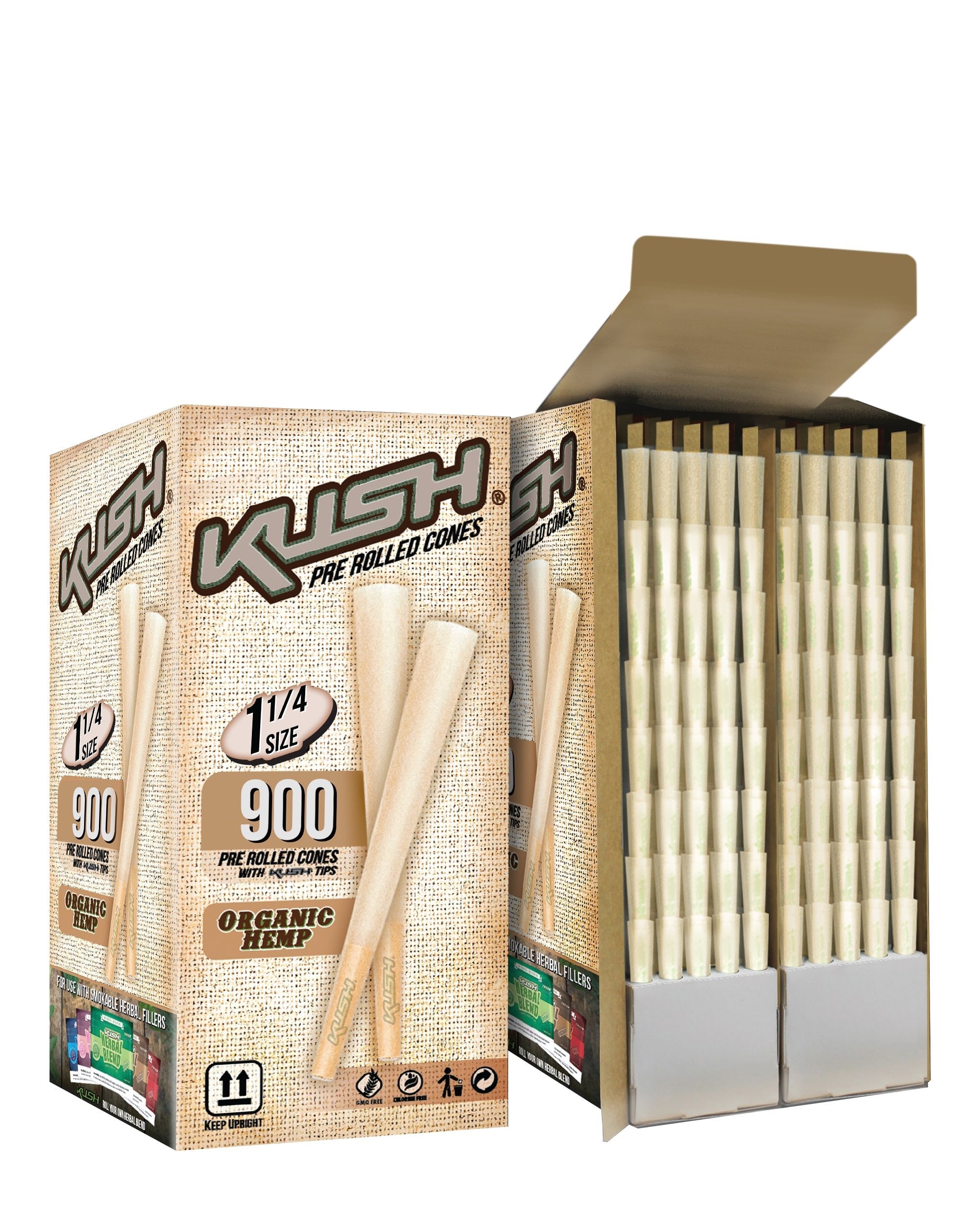 KUSH | Organic 1 1/4 Paper Pre-Rolled Cones w/ Filter Tip | 84mm - Hemp - 900 Count - 2