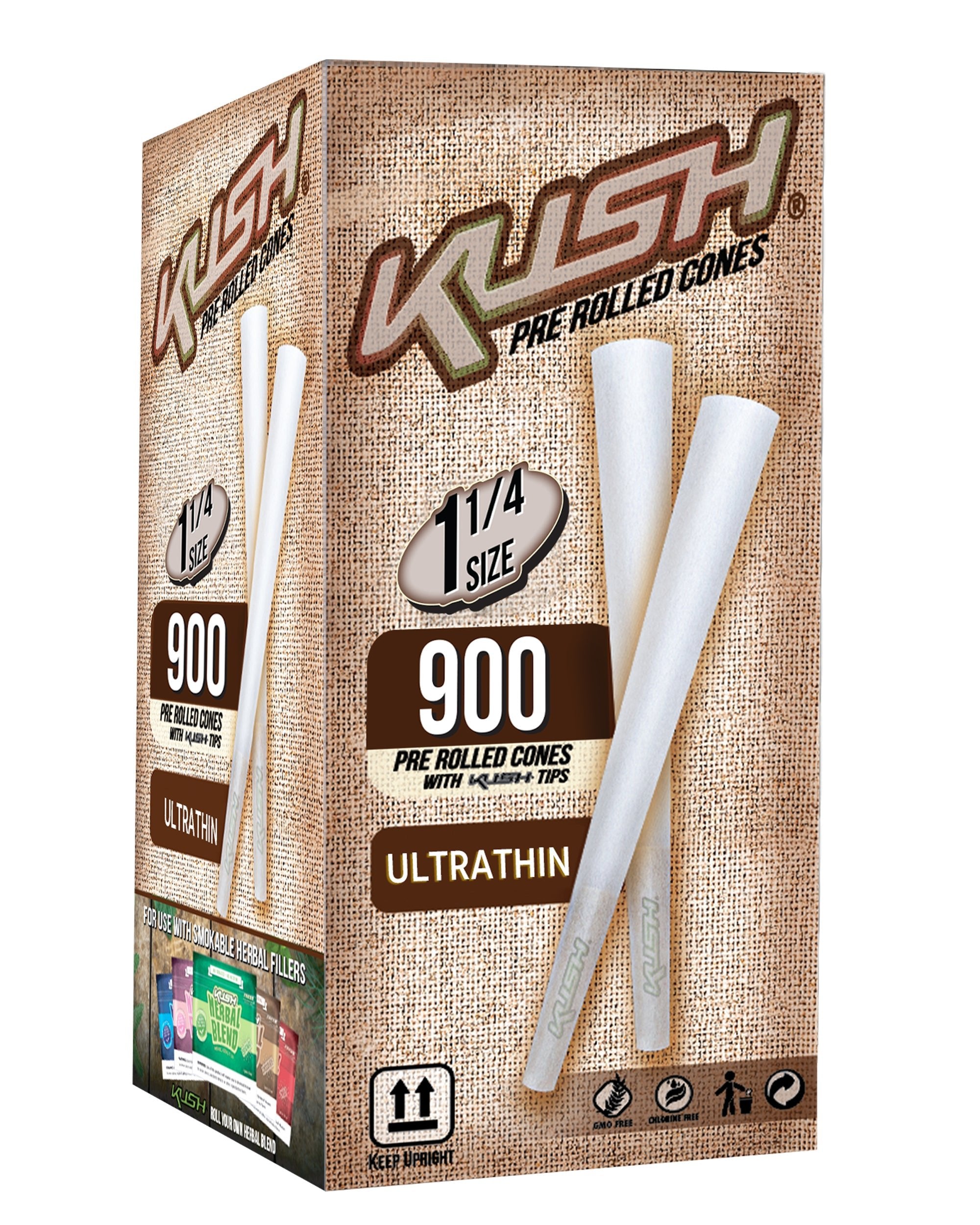 KUSH | Ultra Thin 1 1/4 Pre-Rolled Cones w/ Filter Tip | 84mm - Classic White Paper - 900 Count - 1