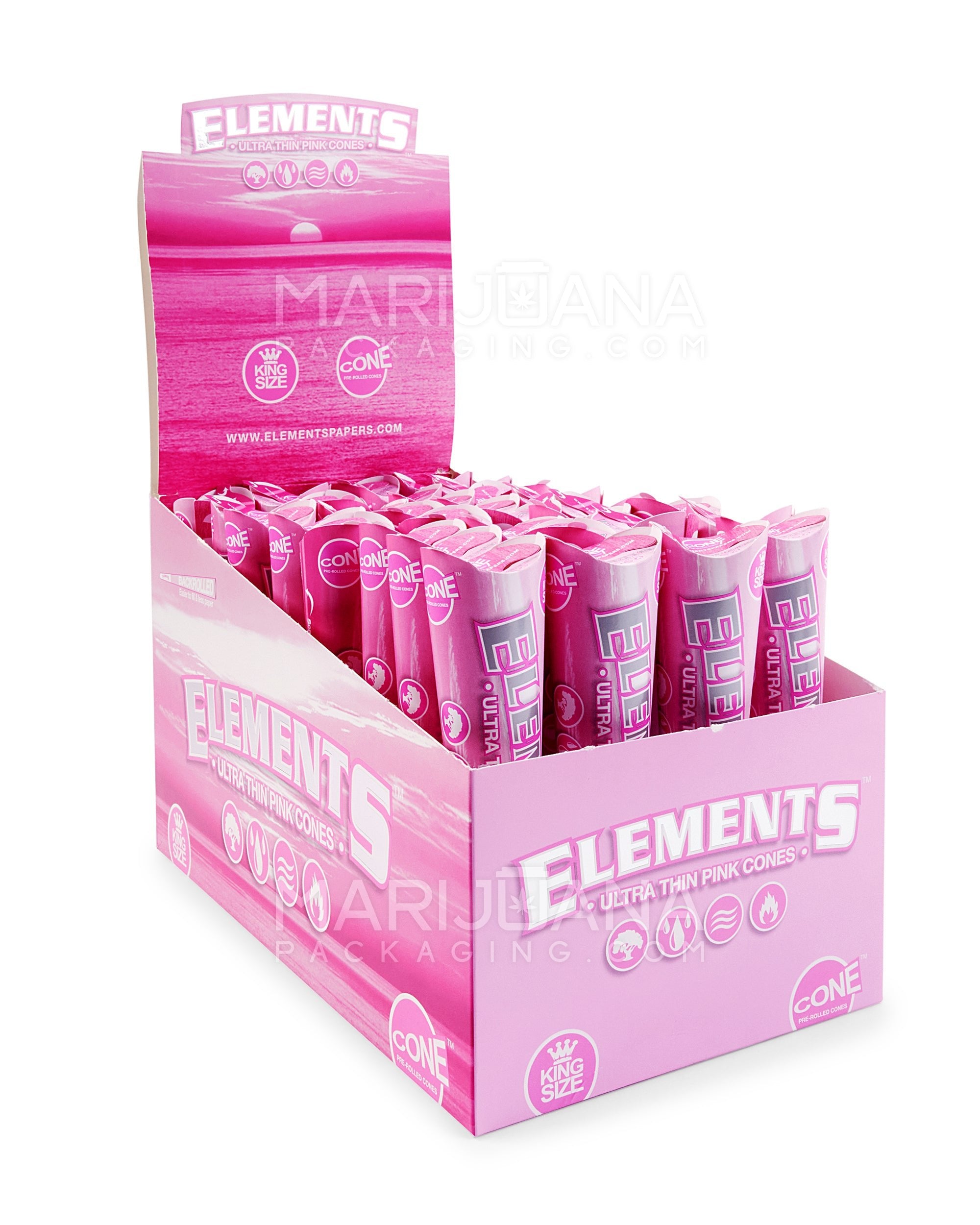 ELEMENTS | 'Retail Display' King Size Ultra Thin Pre-Rolled Cones | 109mm - Pink Rice Paper - 32 Count - 6