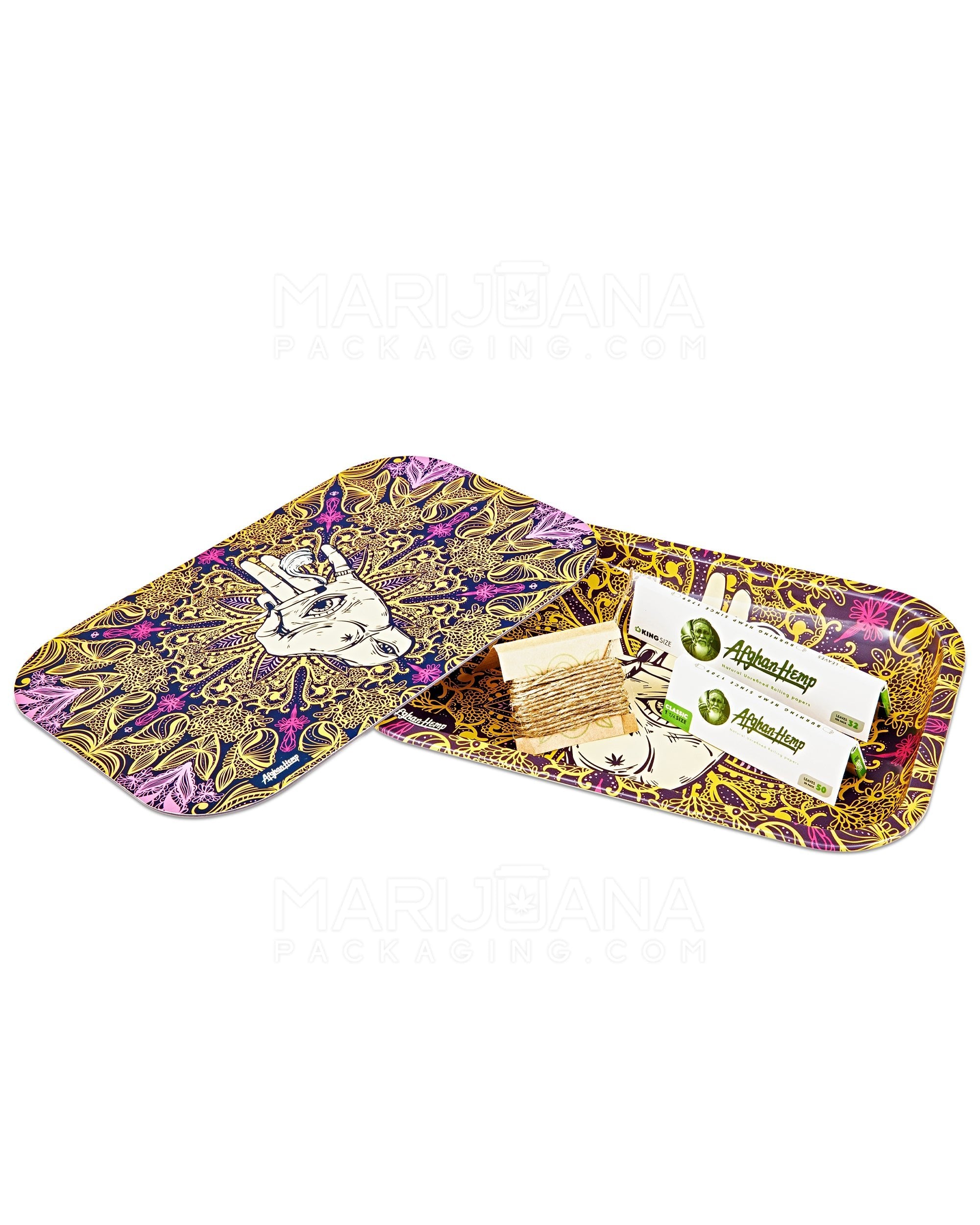 AFGHAN HEMP | Assorted Hamsa Hand Rolling Tray Kit w/ Hemp Rolling Papers & Wick | 6in x 9in - Small - Metal - 1