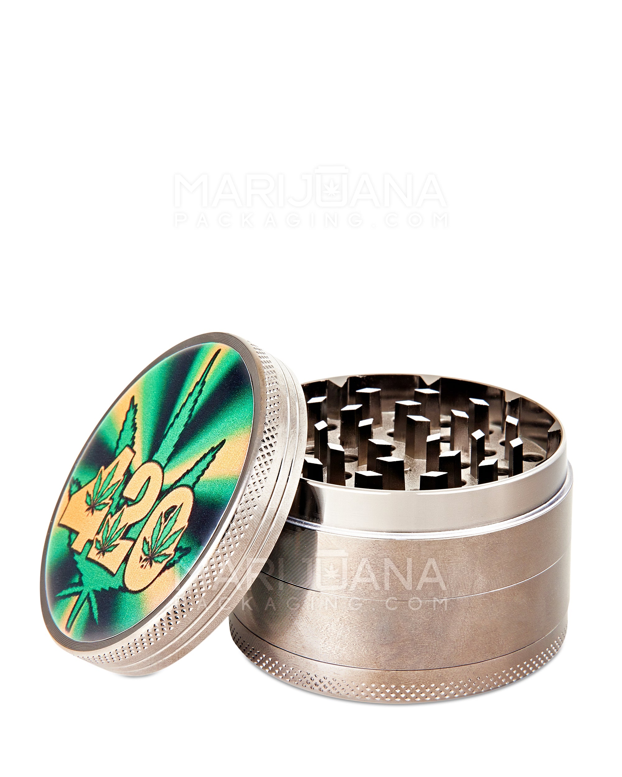 420 Leaf Decal Magnetic Metal Grinder w/ Catcher | 4 Piece - 63mm - Gunmetal - 1
