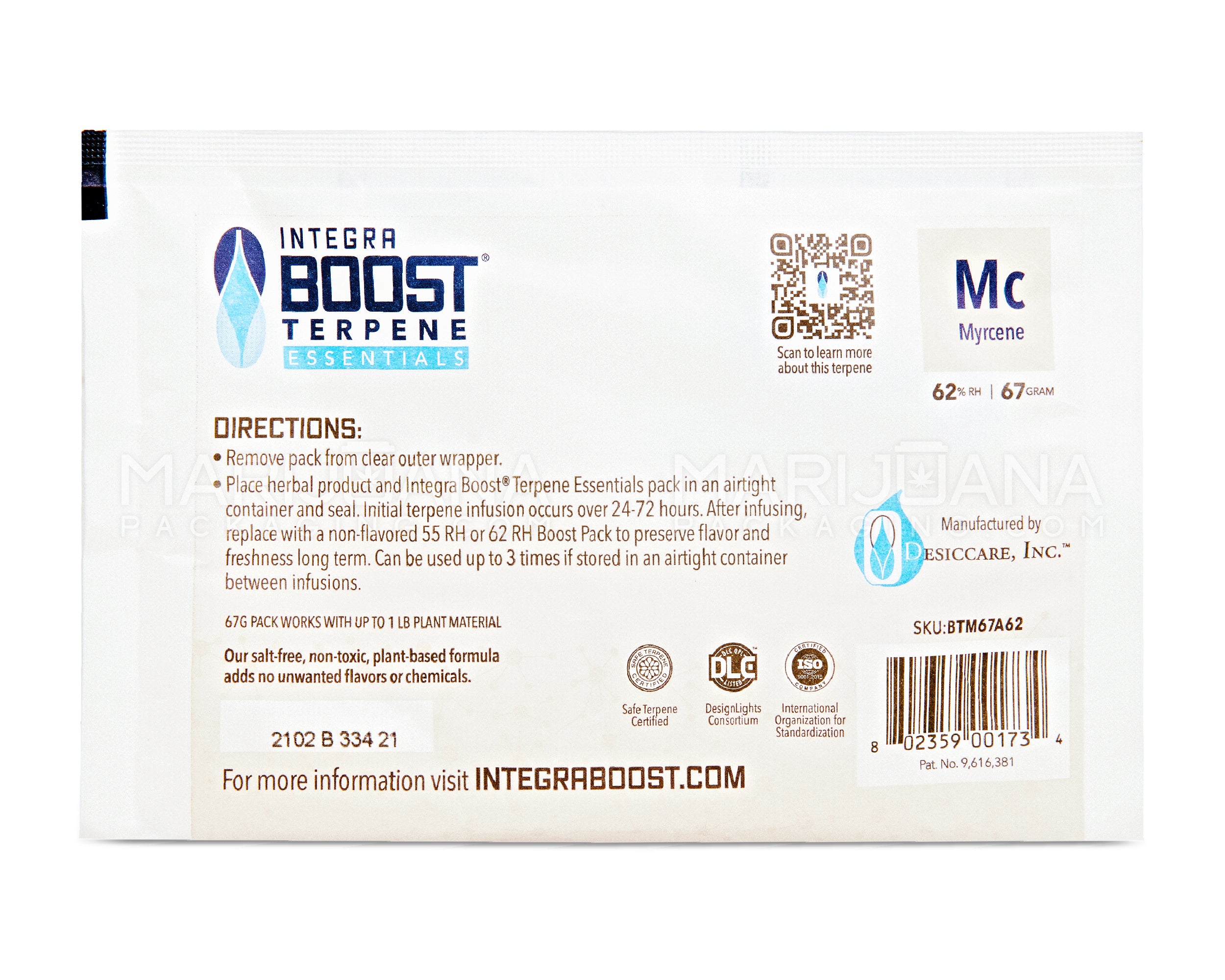 INTEGRA | 'Retail Display' Boost Terpene Essentials Myrcene Humidity Pack | 67 Grams - 62% - 12 Count - 3