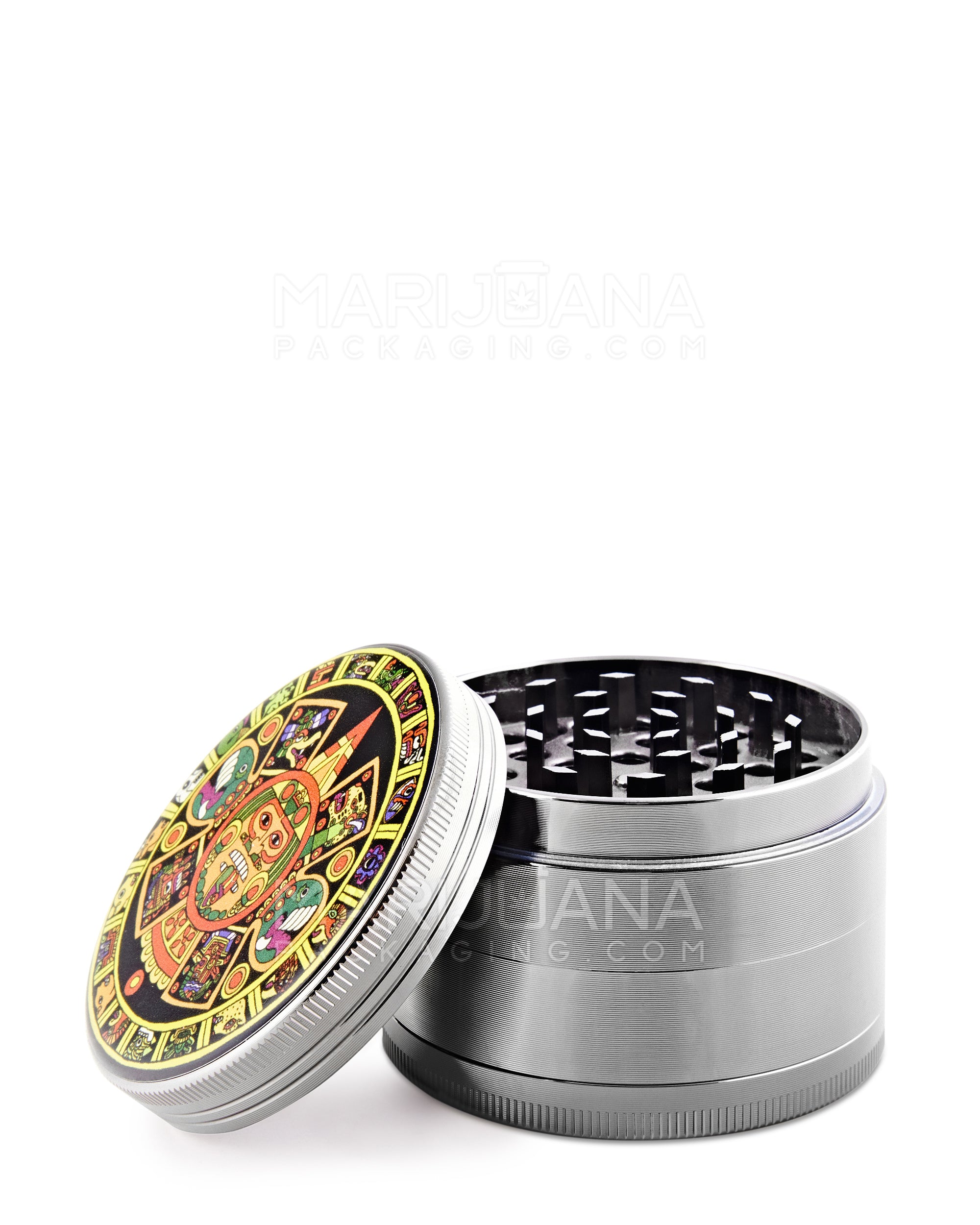Psychedelic Hieroglyphic Magnetic Metal Grinder w/ Catcher | 4 Piece - 63mm - Silver