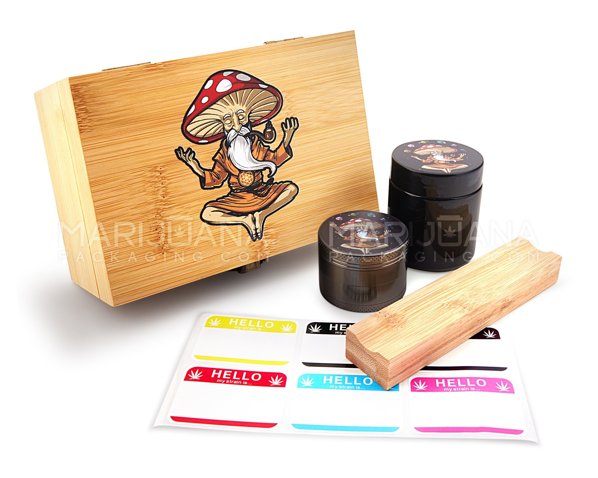 Mushroom Wizard Wooden Latch Lock Stash Box w/ Accessories | 152mm - Wood - 1