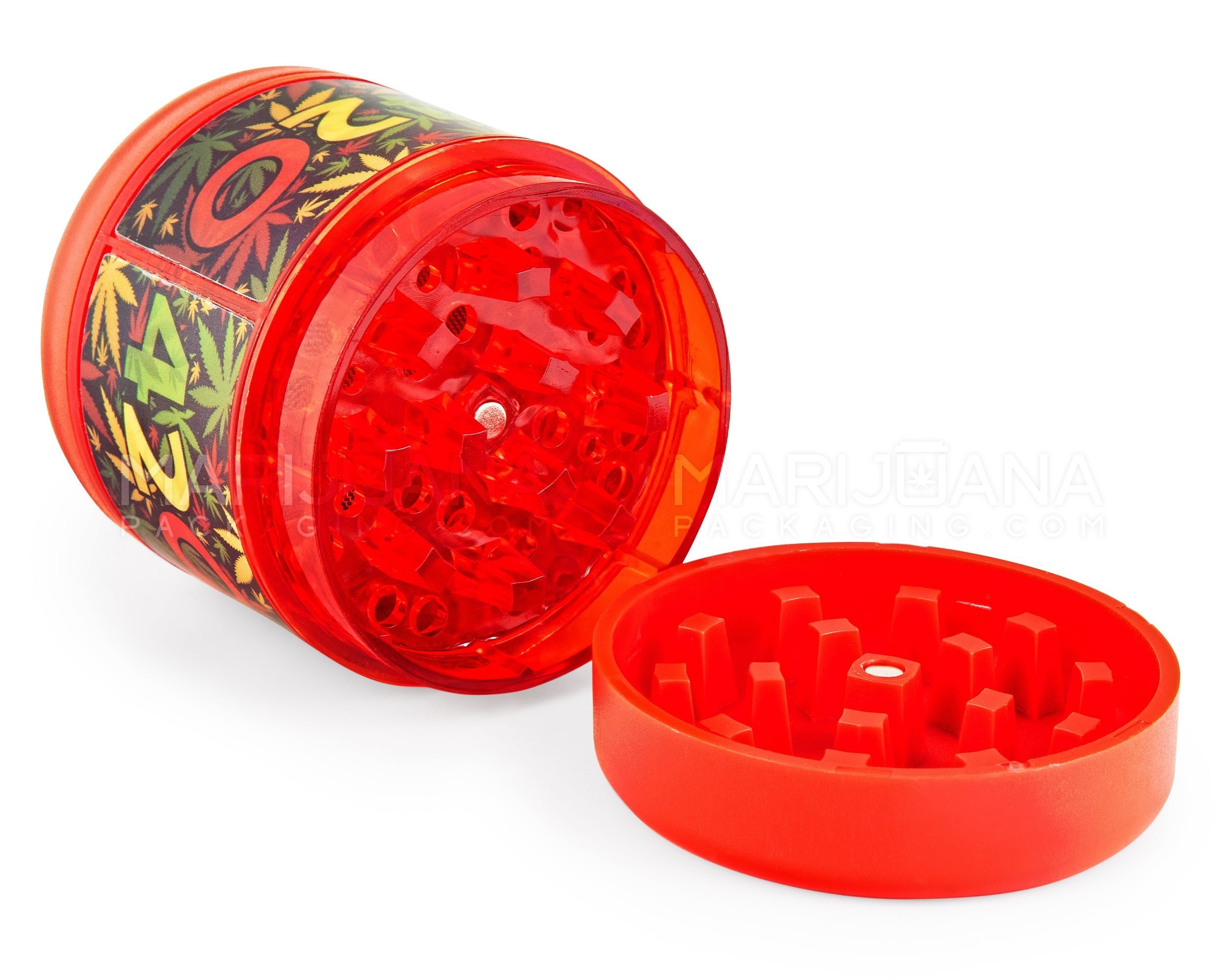 420 Decal Magnetic Plastic Grinder w/ Screen Catcher | 4 Piece - 54mm - Red - 2