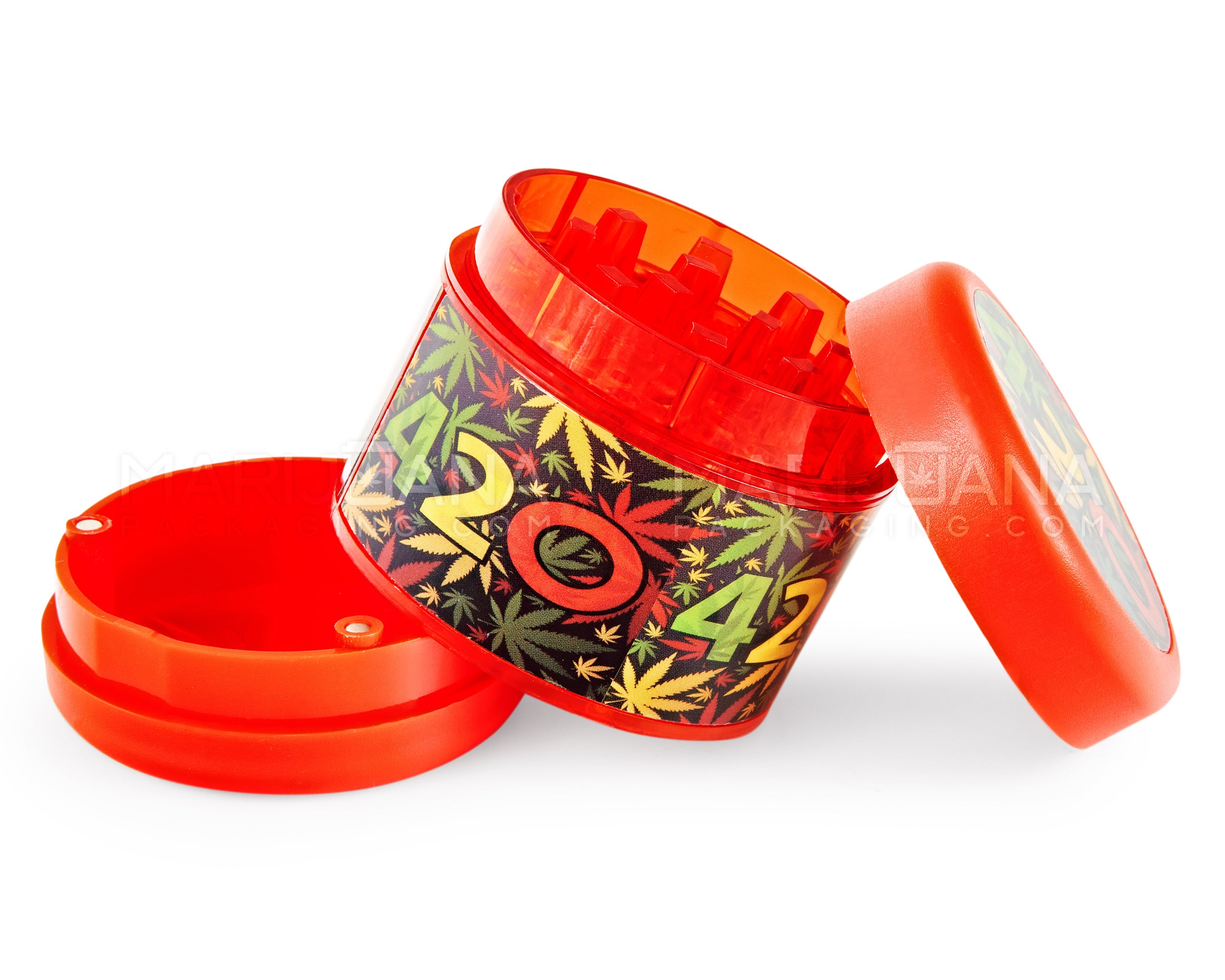 420 Decal Magnetic Plastic Grinder w/ Screen Catcher | 4 Piece - 54mm - Red - 3