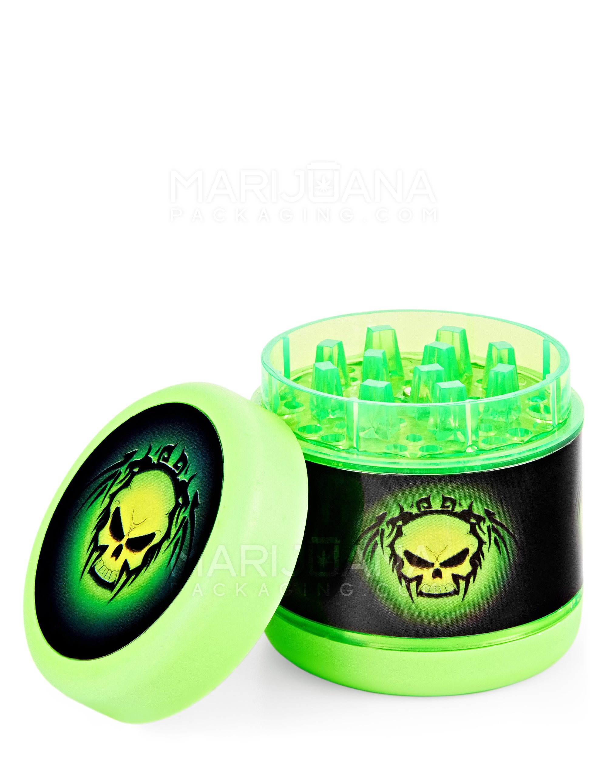 Skull Decal Magnetic Plastic Grinder w/ Screen Catcher | 4 Piece - 54mm - Green - 1