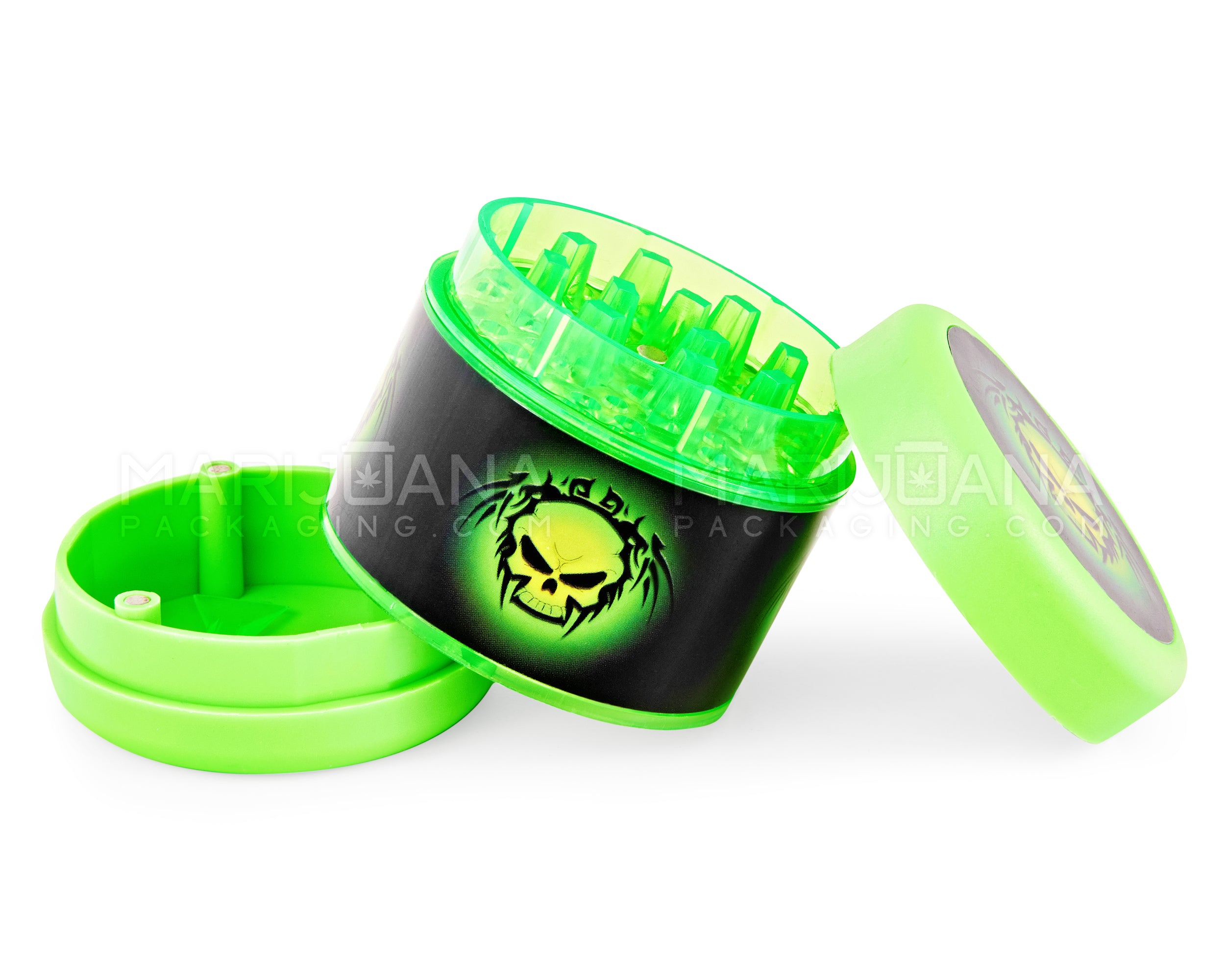 Skull Decal Magnetic Plastic Grinder w/ Screen Catcher | 4 Piece - 54mm - Green - 3