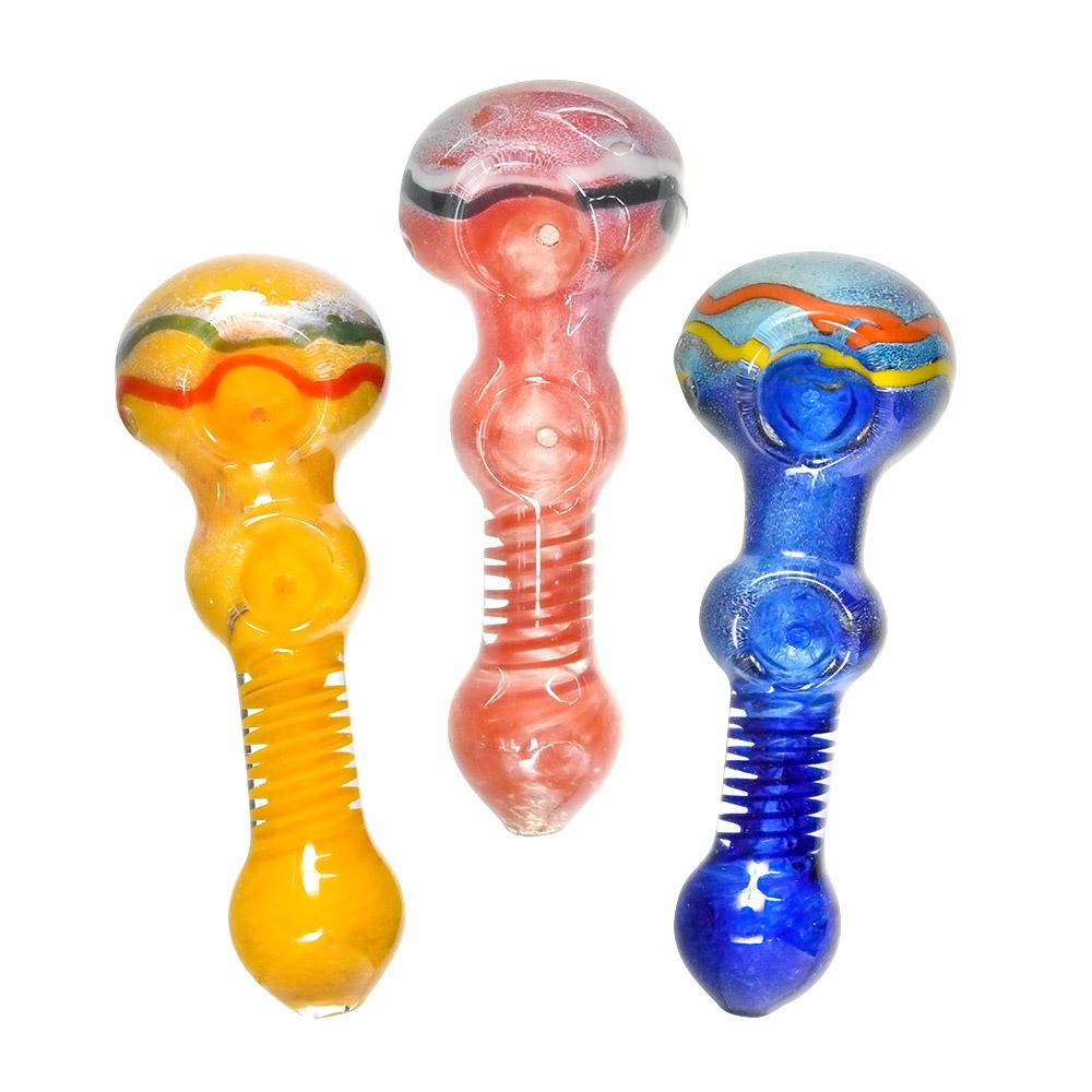 Double Bowl | Frit & Spiral Glass Hand Pipe w/ Swirls | 4.5in Long - Glass - Assorted - 1