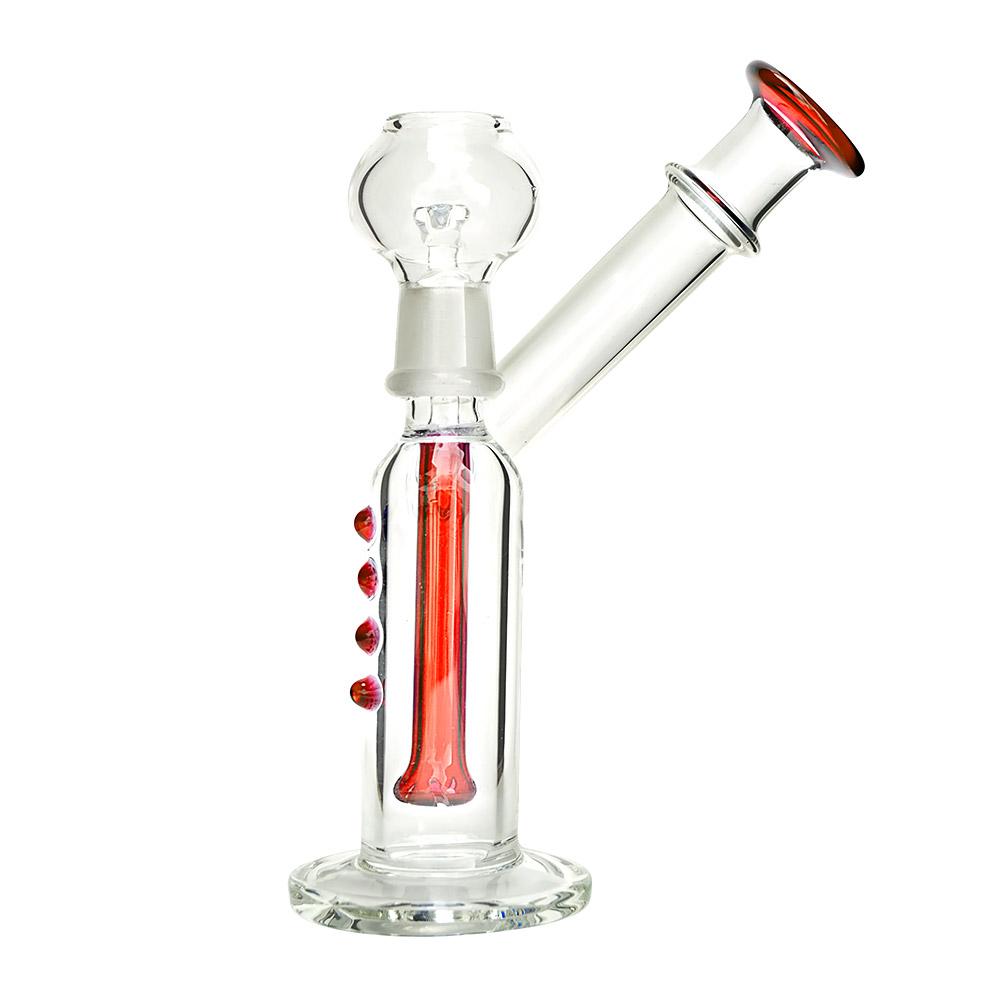 Angled Neck Glass Dab Rig w/ Multi Knockers & Thick Base | 5.5in Tall - 14mm Dome & Nail - Red - 1
