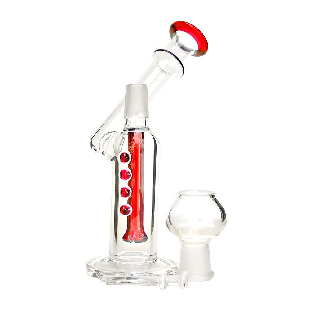 Angled Neck Glass Dab Rig w/ Multi Knockers & Thick Base | 5.5in Tall - 14mm Dome & Nail - Red - 5