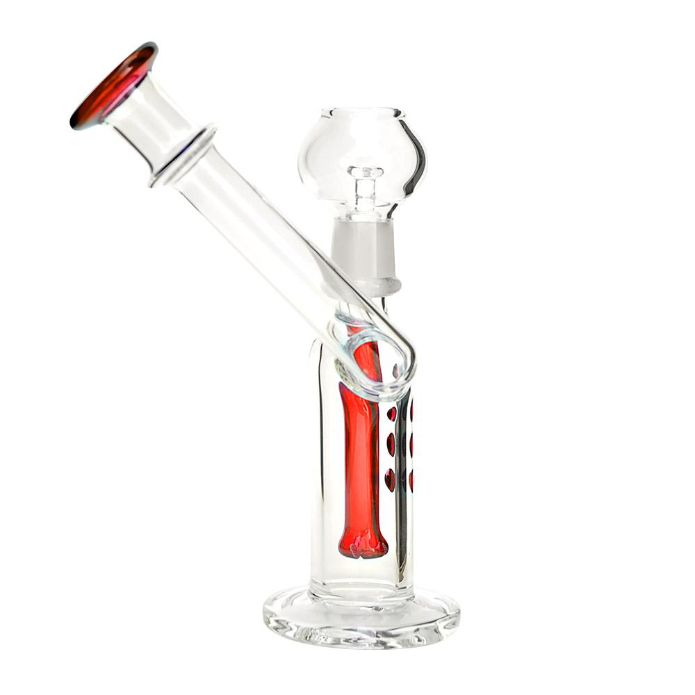 Angled Neck Glass Dab Rig w/ Multi Knockers & Thick Base | 5.5in Tall - 14mm Dome & Nail - Red - 3