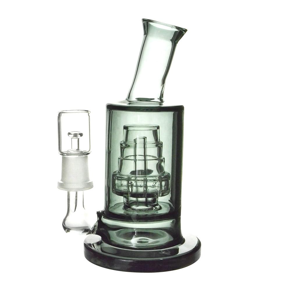 Angled Neck Cake Perc Glass Dab Rig w/ Thick Base | 6in Tall - 14mm Dome & Nail - Black - 1