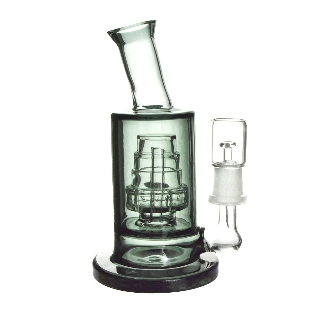 Angled Neck Cake Perc Glass Dab Rig w/ Thick Base | 6in Tall - 14mm Dome & Nail - Black - 3
