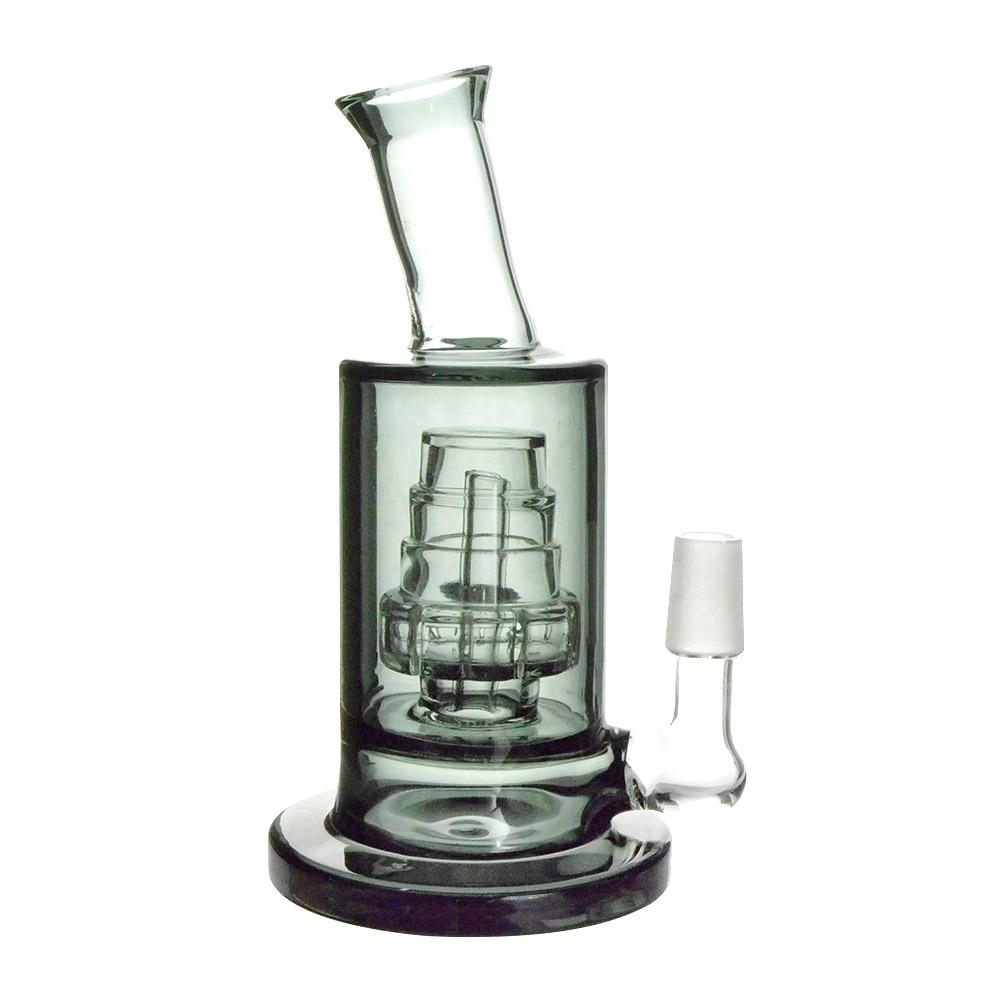 Angled Neck Cake Perc Glass Dab Rig w/ Thick Base | 6in Tall - 14mm Dome & Nail - Black - 4