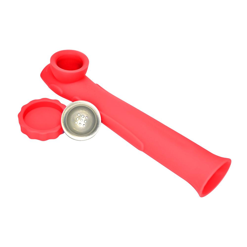Unbreakable | Silicone Hand Pipe | 6in Long - Metal Bowl - Red - 7