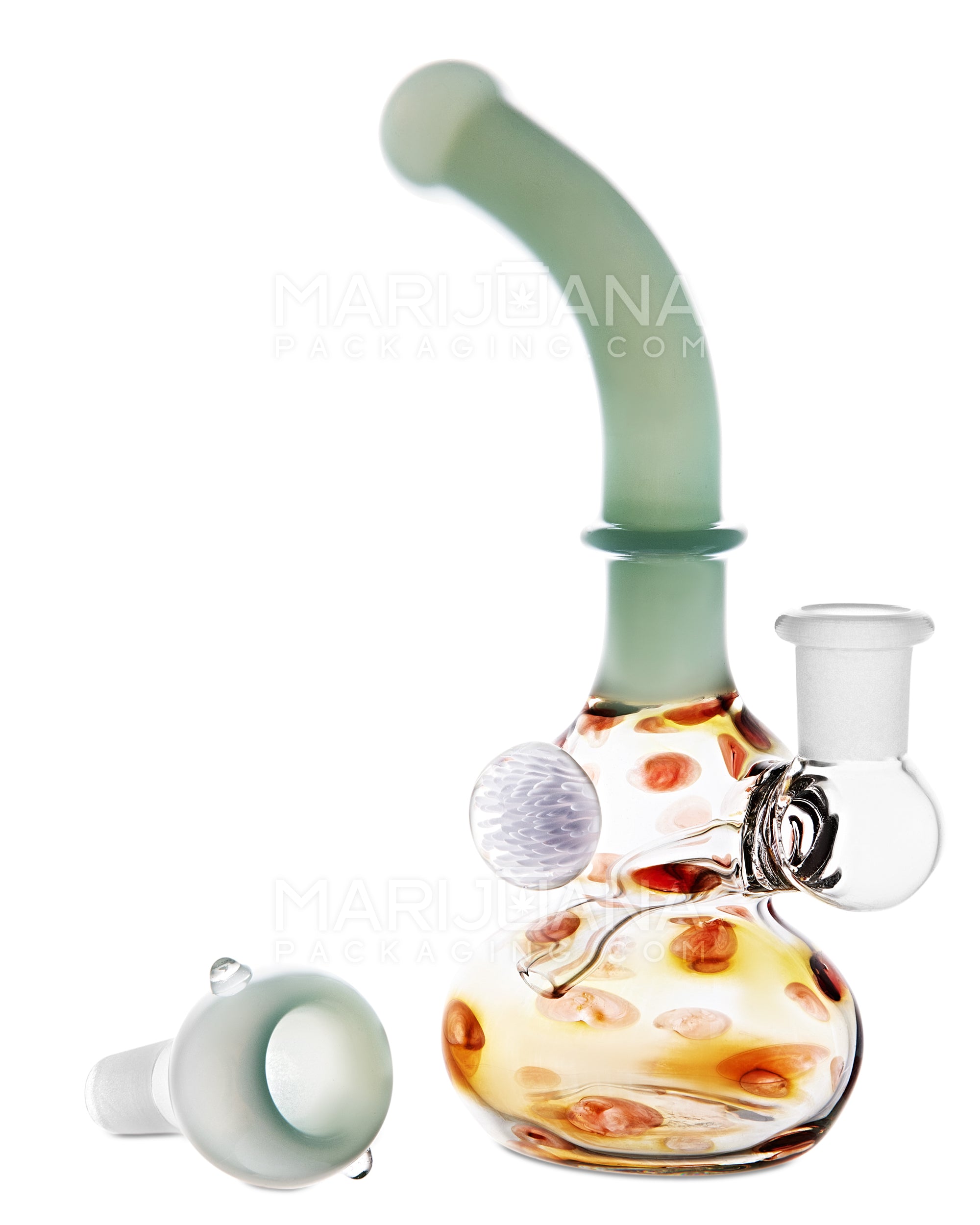 Bent Neck Speckled & Gold Fumed Glass Bulged Egg Water Pipe w/ Implosion Marble | 6.5in Tall - 14mm Bowl - Gold - 2