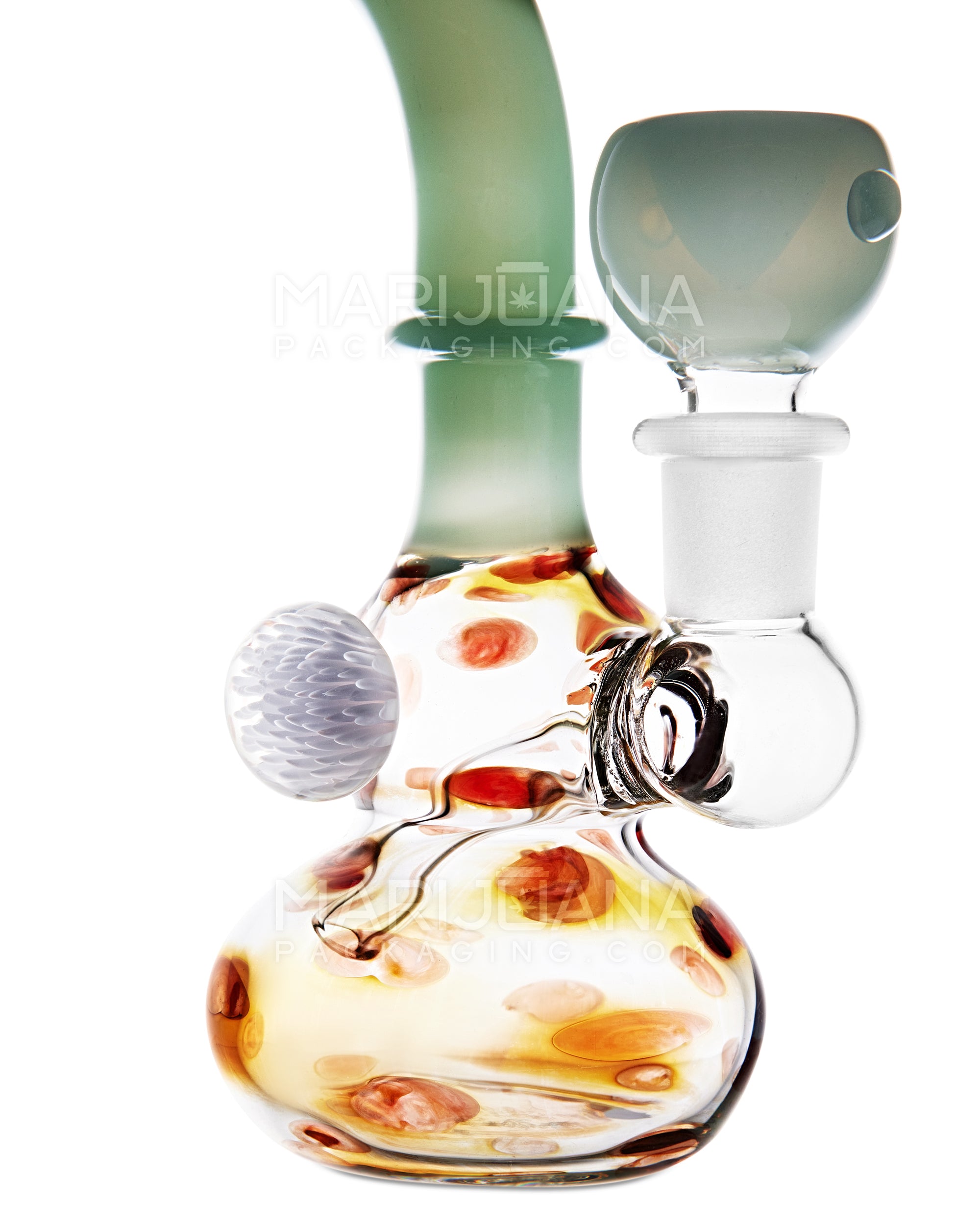 Bent Neck Speckled & Gold Fumed Glass Bulged Egg Water Pipe w/ Implosion Marble | 6.5in Tall - 14mm Bowl - Gold - 3