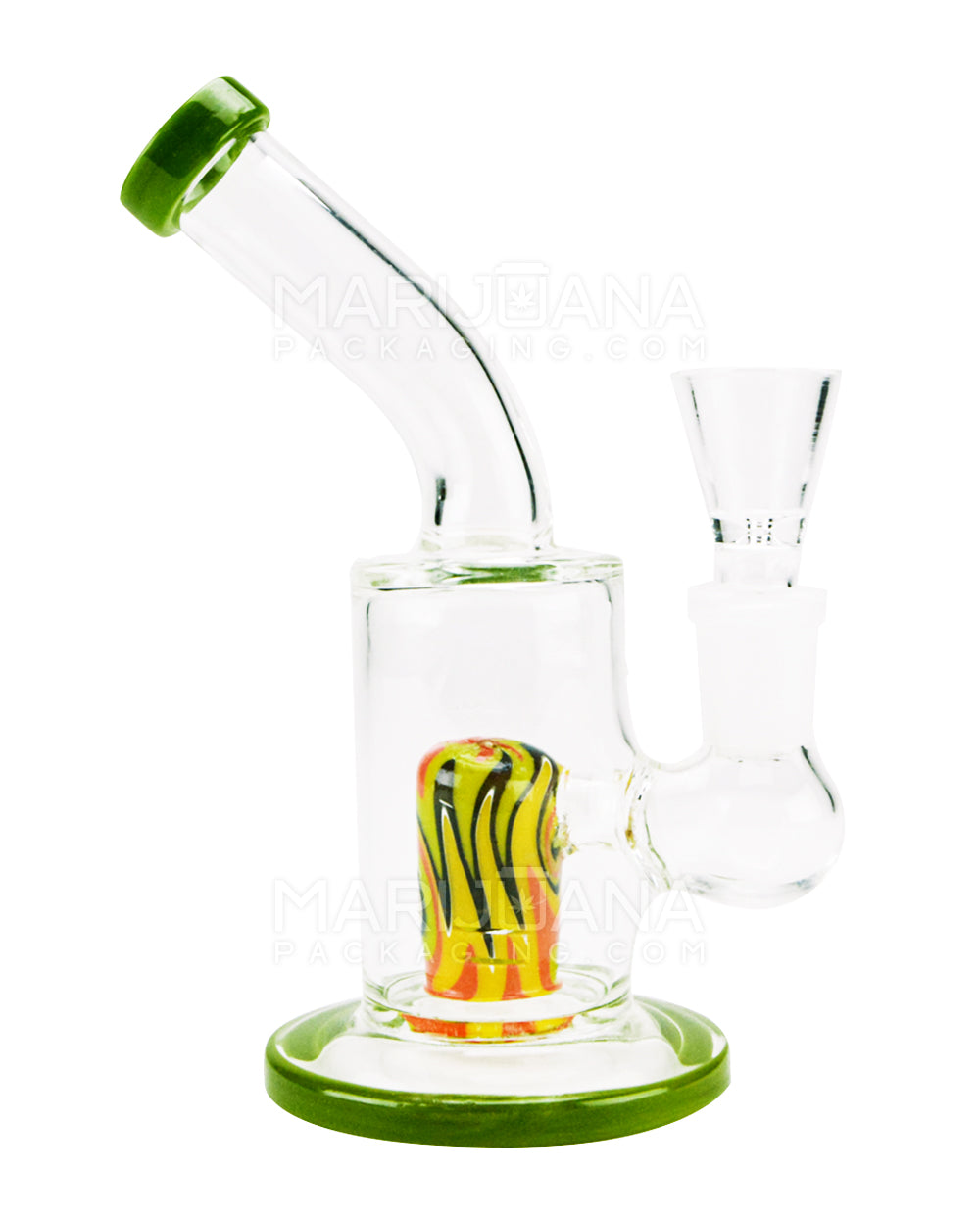 Bent Neck Painted Barrel Perc Glass Water Pipe w/ Thick Base | 6in Tall - 14mm Bowl - Assorted - 1